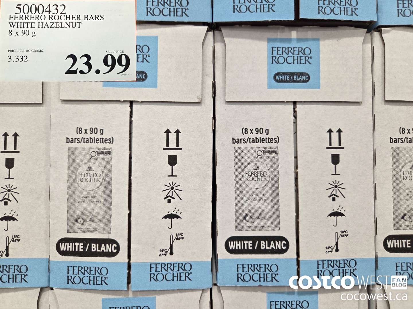 5000432 FERRERO ROCHER BARS WHITE HAZELNUT 8 x 90 g $23.99