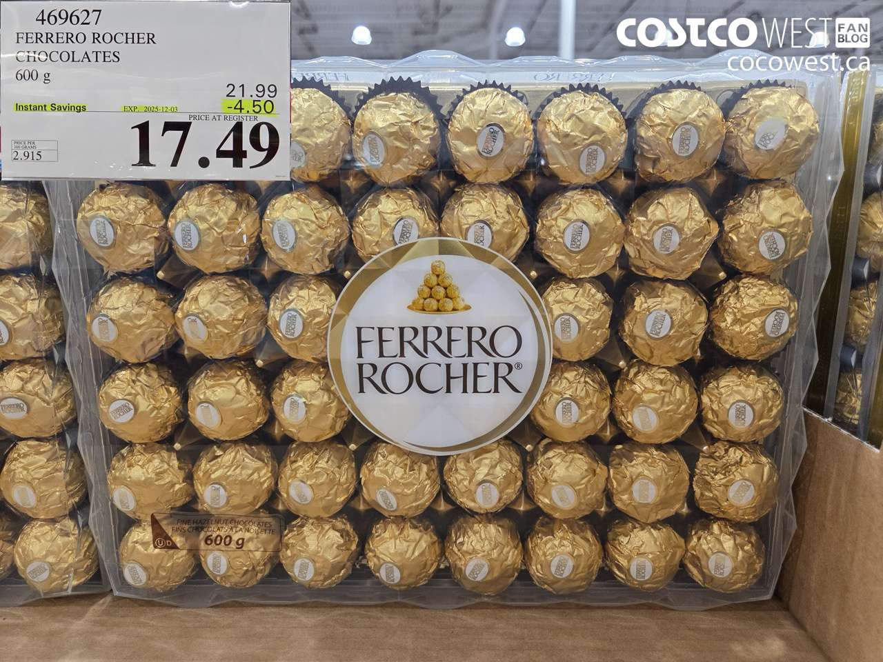 469627 FERRERO ROCHER CHOCOLATES 600 G ($4.50 INSTANT SAVINGS EXPIRES ON 2025-12-03) $17.99