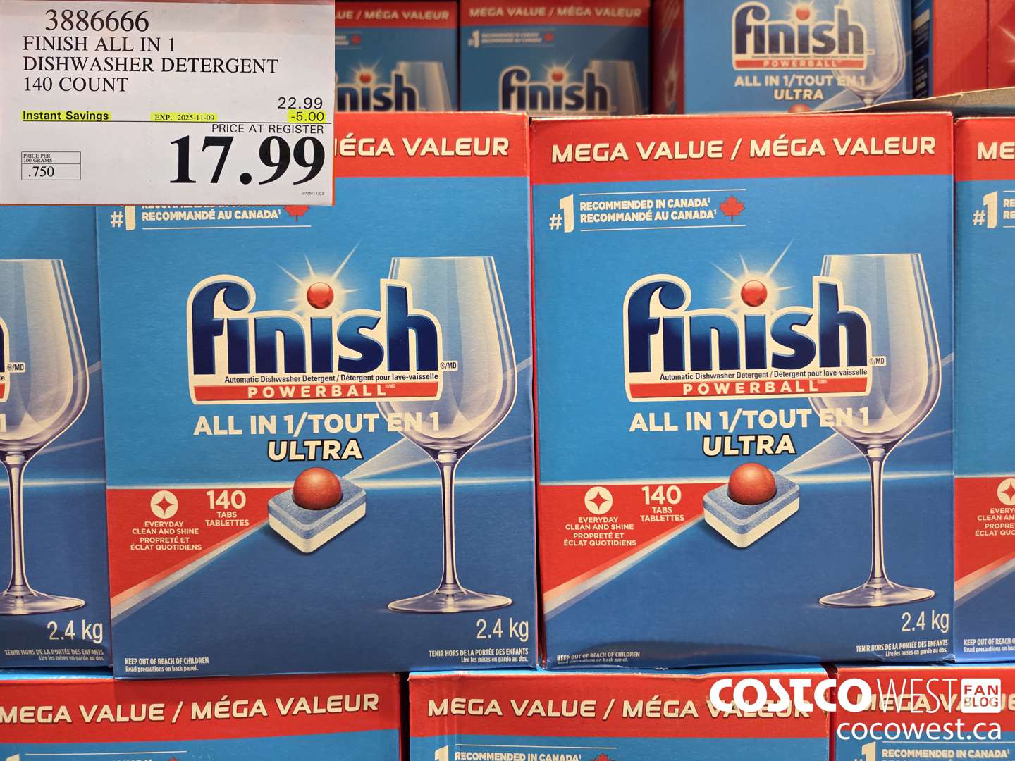 3886666 FINISH ALL IN 1 DISHWASHER DETERGENT 140 COUNT ($5.00 INSTANT SAVINGS EXPIRES ON 2025-11-09) $17.99