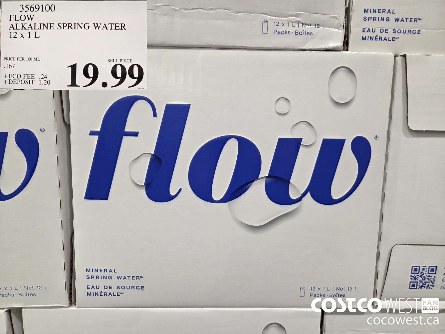 3569100 FLOW ALKALINE SPRING WATER 12 x 1 L $19.99