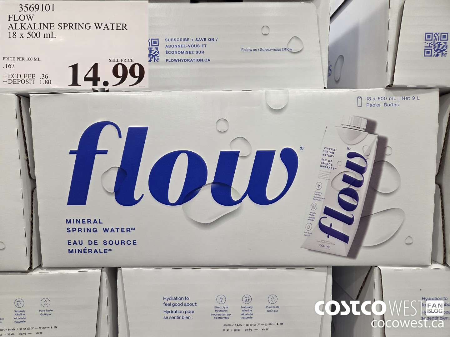 3569101 FLOW ALKALINE SPRING WATER 18 X 500 ML $14.99