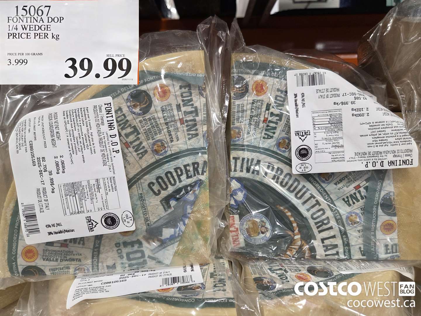 15067 FONTINA DOP 1/4 WEDGE PRICE PER kg $39.99