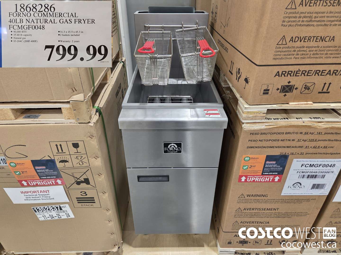 1868286 FORNO COMMERCIAL 40LB NATURAL GAS FRYER FCMGF0048 $799.99