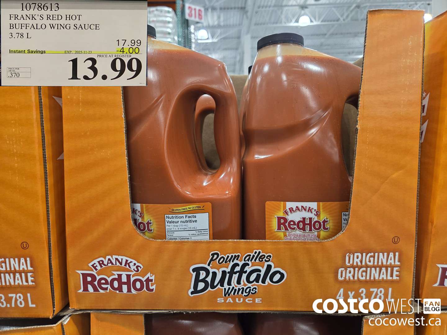 1078613 FRANK'S RED HOT BUFFALO WING SAUCE 3.78 L ($4.00 INSTANT SAVINGS EXPIRES ON 2025-11-23) $13.99