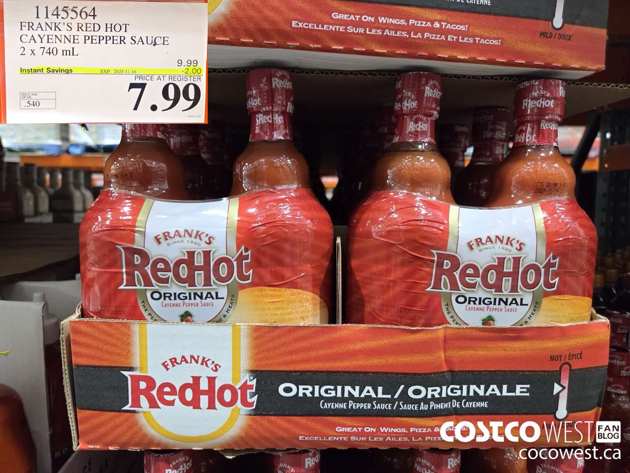 1145564 FRANKS RED HOT CAYENNE PEPPER SAUCE 2 x 740 mL ($2.00 INSTANT SAVINGS EXPIRES ON 2025-11-16) $7.99