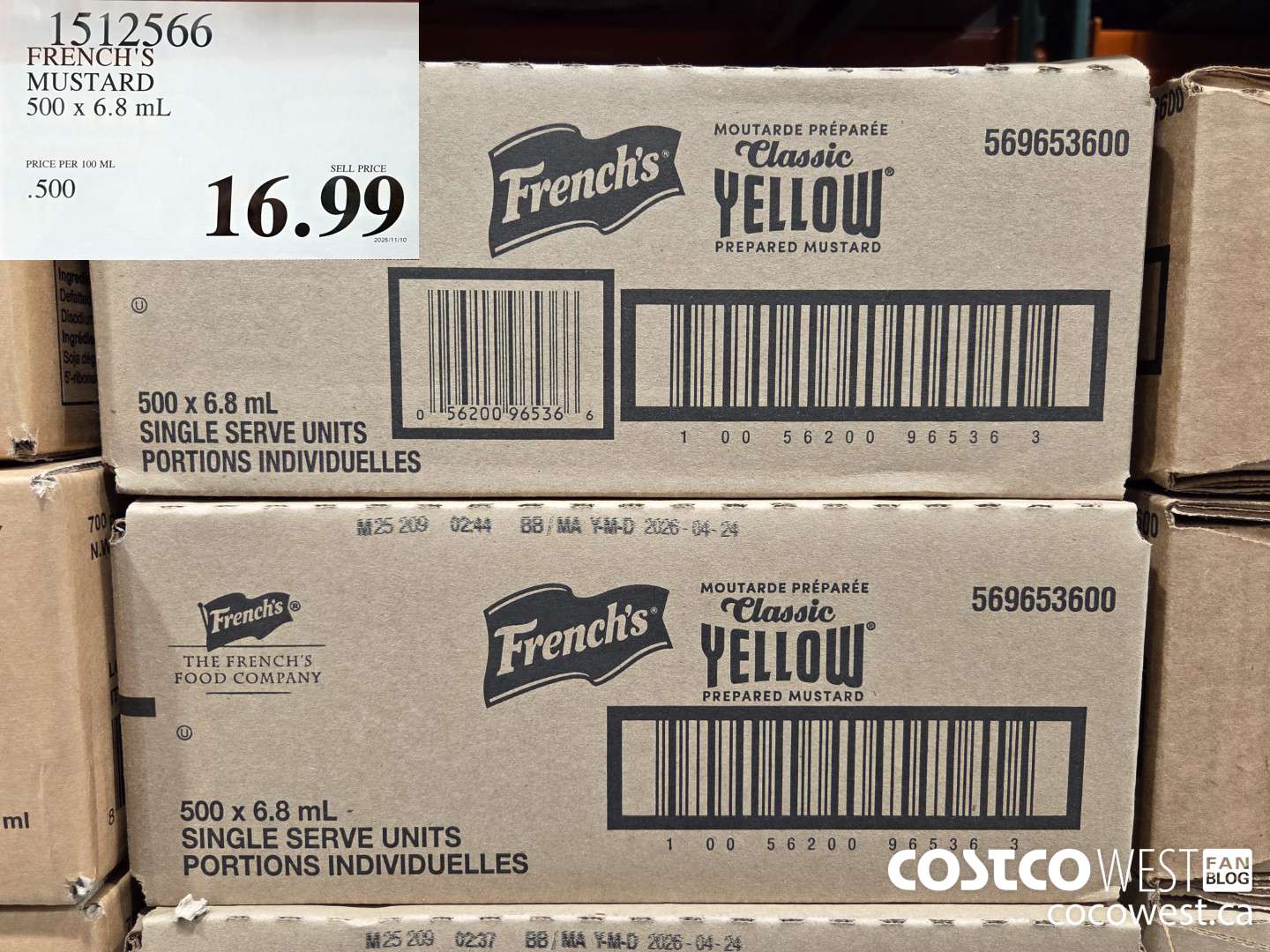1512566 FRENCH'S MUSTARD 500 x 6.8 mL $16.99