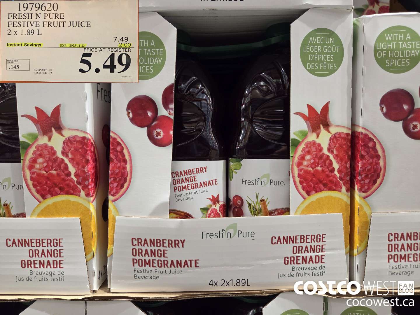 1979620 FRESH N PURE FESTIVE FRUIT JUICE 2 x 1.89 L ($2.00 INSTANT SAVINGS EXPIRES ON 2025-11-23) $5.49