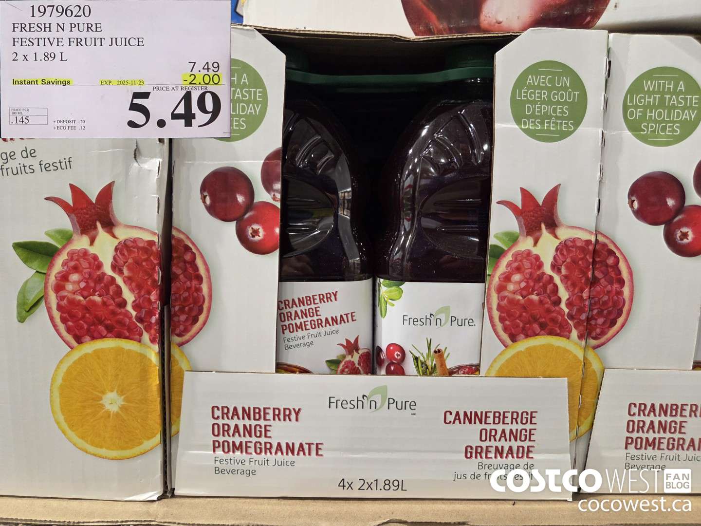 1979620 FRESH N PURE FESTIVE FRUIT JUICE 2 x 1.89 L ($2.00 INSTANT SAVINGS EXPIRES ON 2025-11-23) $5.49