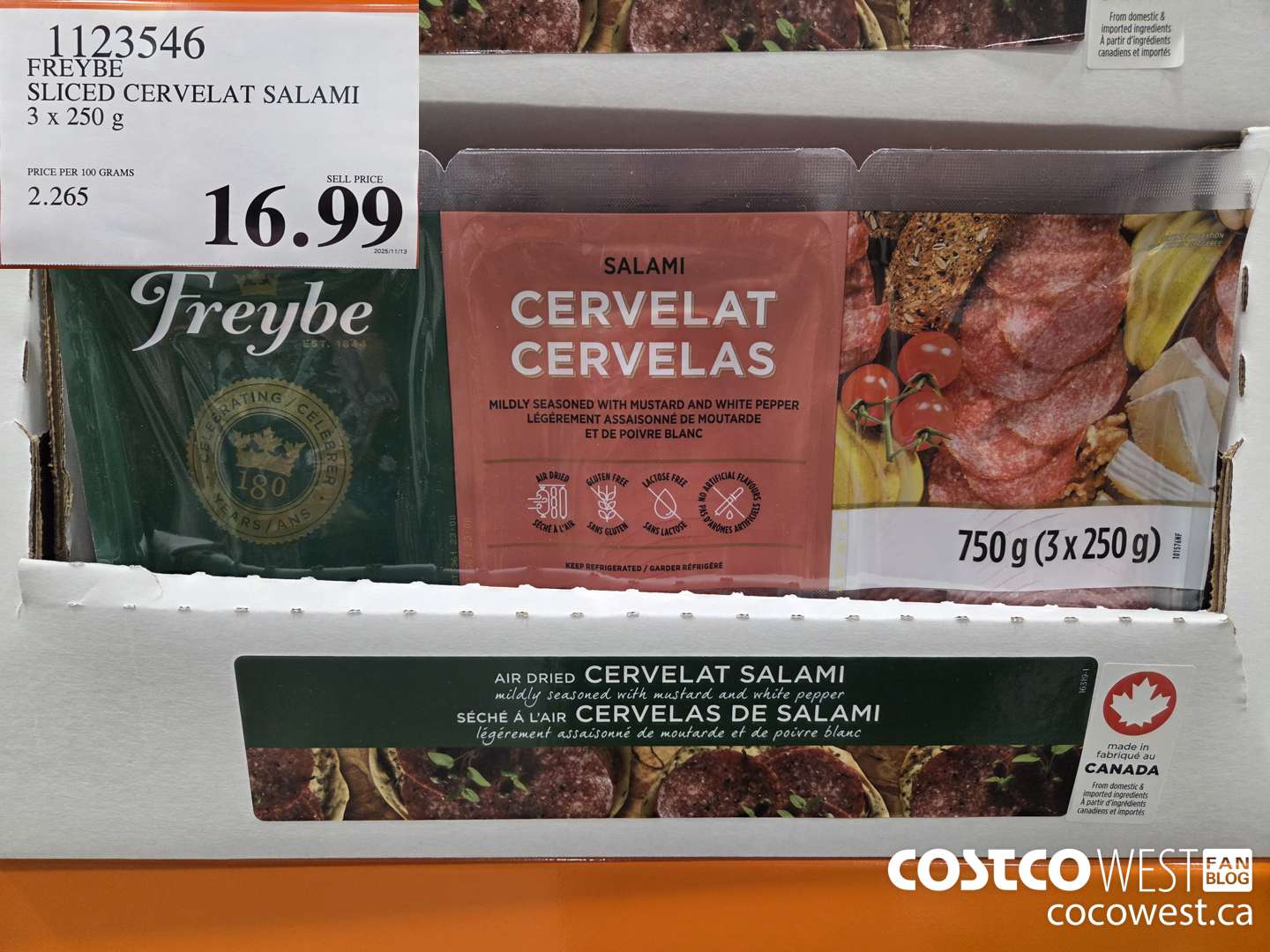 1123546 FREYBE SLICED CERVELAT SALAMI 3.x 250 g $16.99