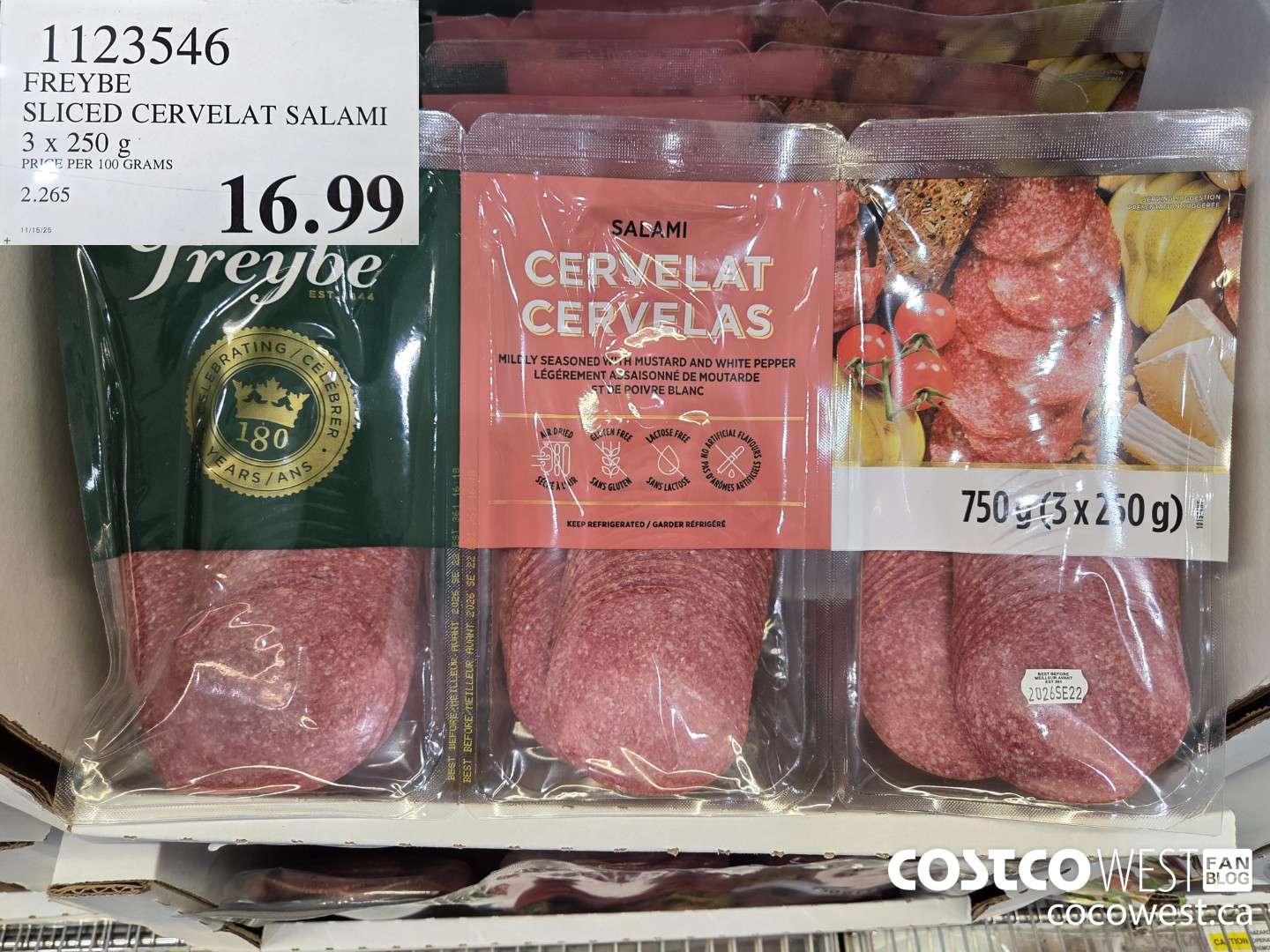 1123546 FREYBE SLICED CERVELAT SALAMI 3.x 250 g $16.99