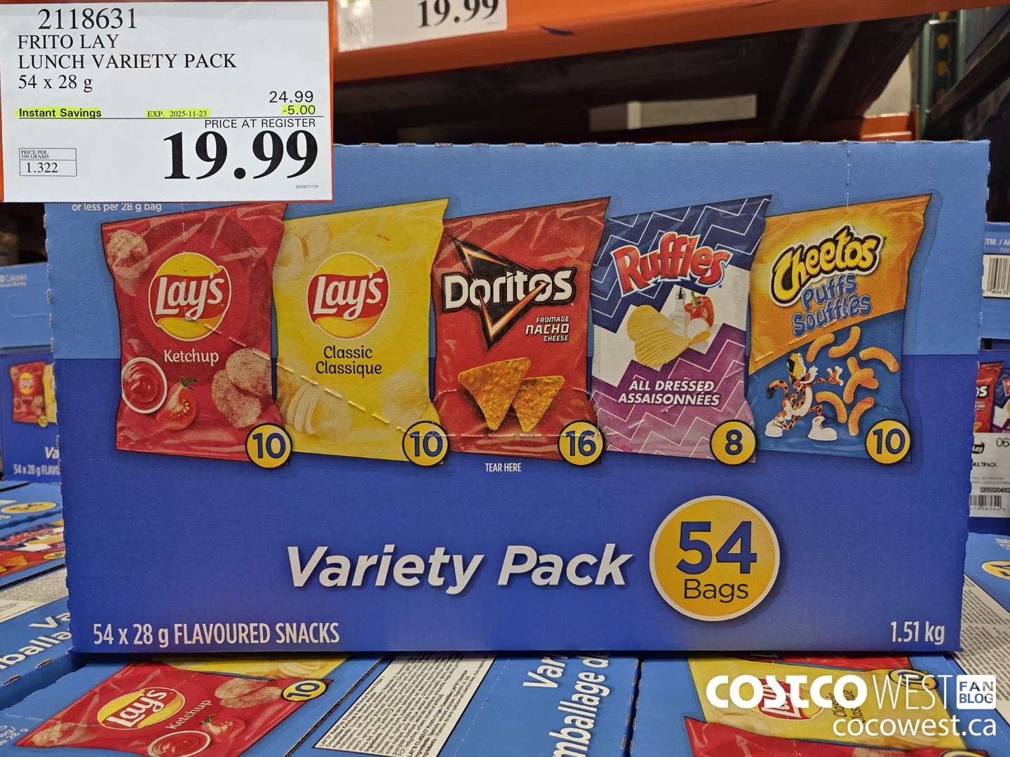 2118631 FRITO LAY LUNCH VARIETY PACK 54 X 28 G ($5.00 INSTANT SAVINGS EXPIRES ON 2025-11-23) $19.99