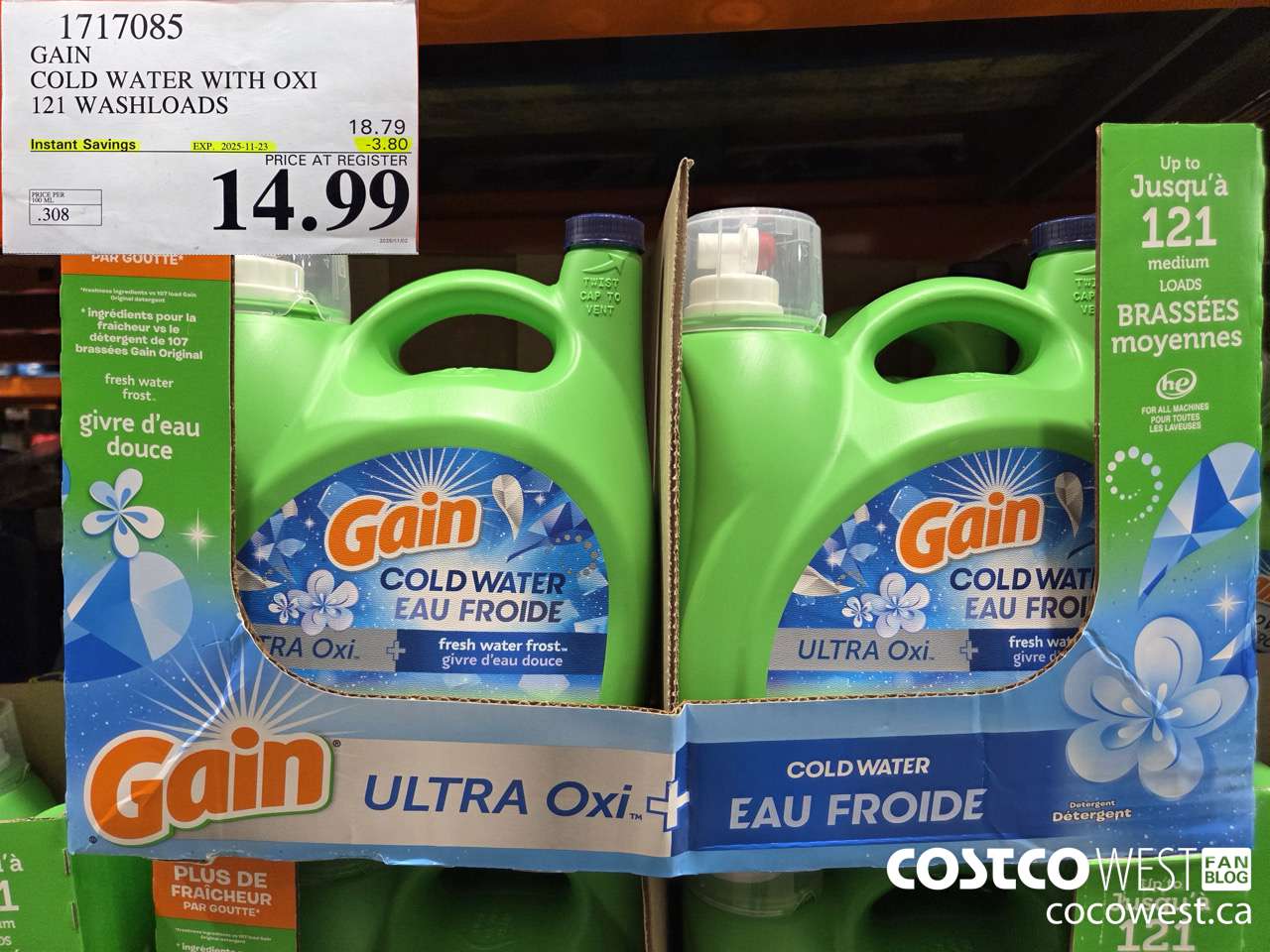 1717085 GAIN COLD WATER OXI LIQUID DETERGENT 121 WASHLOADS ($3.80 INSTANT SAVINGS EXPIRES ON 2025-11-23) $14.99
