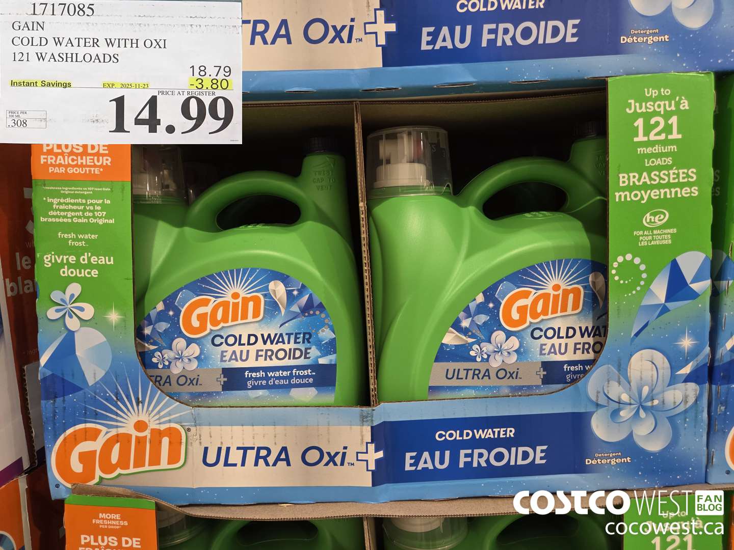 1717085 GAIN COLD WATER OXI LIQUID DETERGENT 121 WASHLOADS ($3.80 INSTANT SAVINGS EXPIRES ON 2025-11-23) $14.99