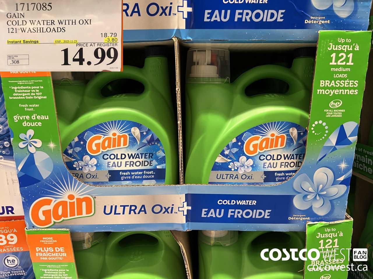 1717085 GAIN COLD WATER OXI LIQUID DETERGENT 121 WASHLOADS ($3.80 INSTANT SAVINGS EXPIRES ON 2025-11-23) $14.99