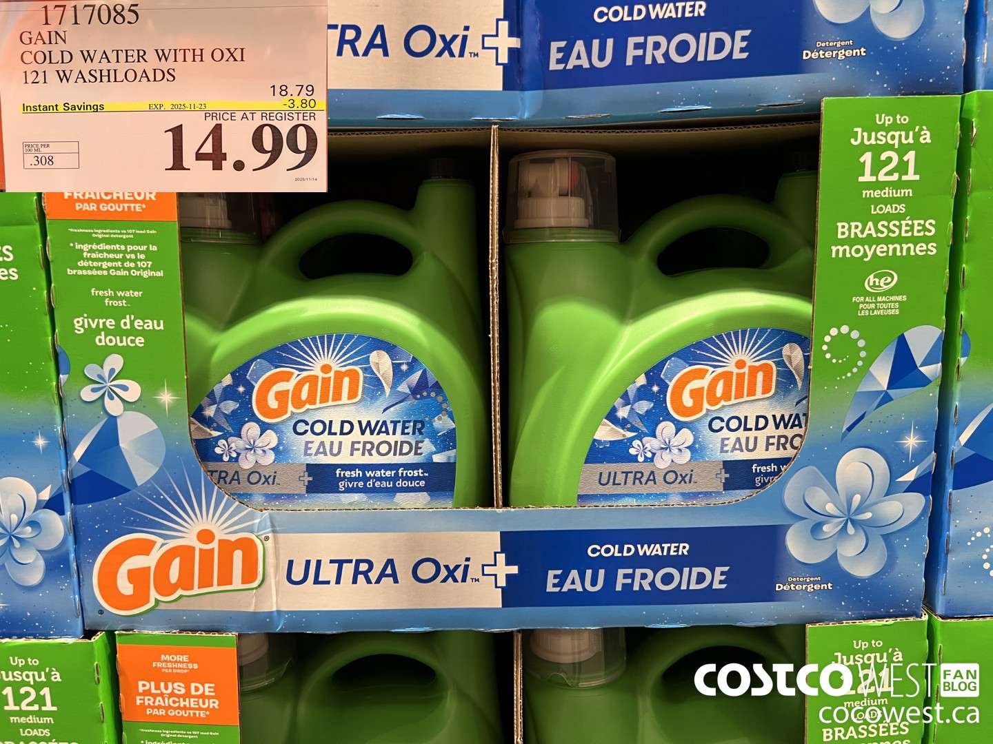 1717085 GAIN COLD WATER OXI LIQUID DETERGENT 121 WASHLOADS ($3.80 INSTANT SAVINGS EXPIRES ON 2025-11-23) $14.99
