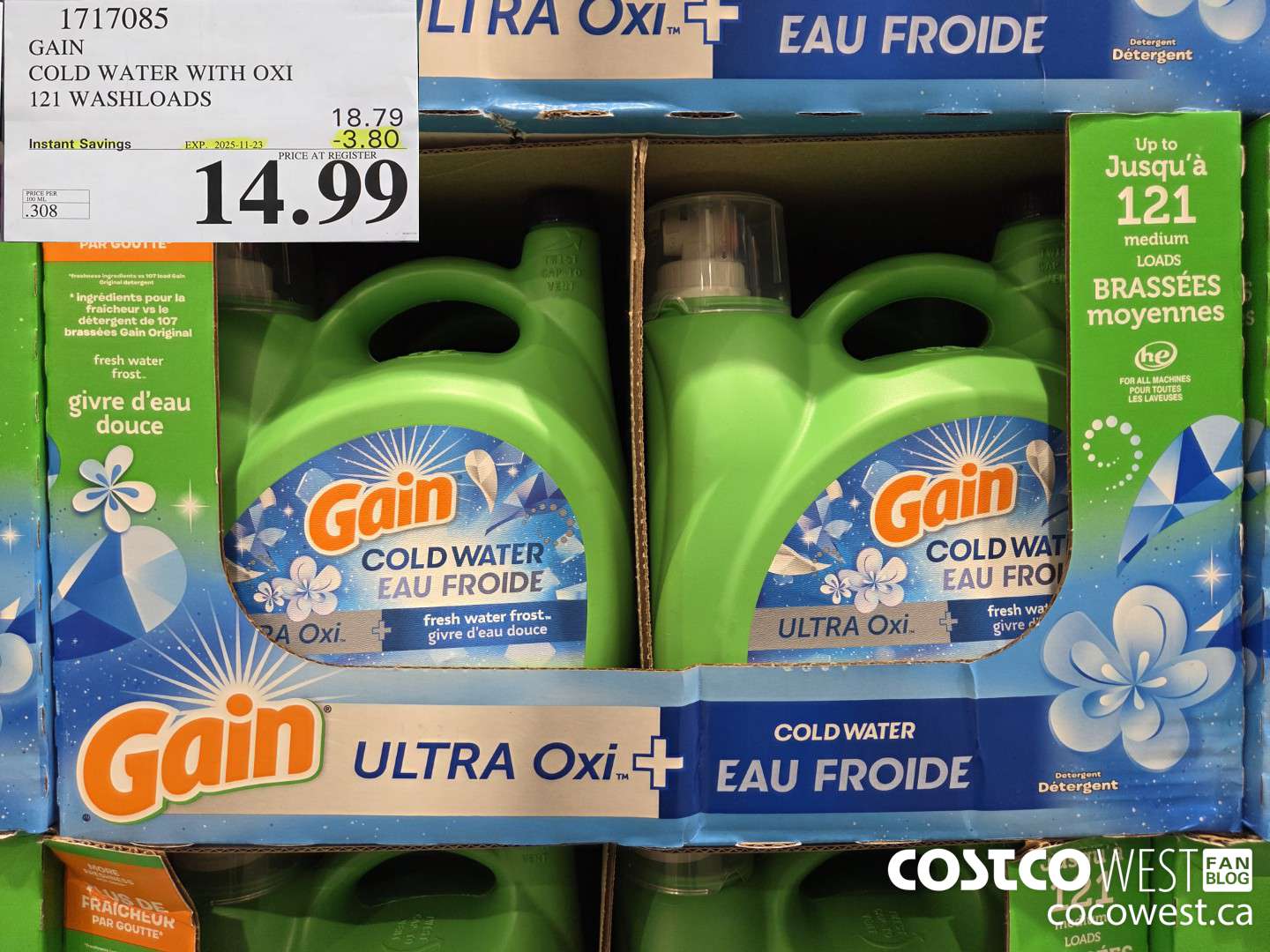 1717085 GAIN COLD WATER OXI LIQUID DETERGENT 121 WASHLOADS ($3.80 INSTANT SAVINGS EXPIRES ON 2025-11-23) $14.99