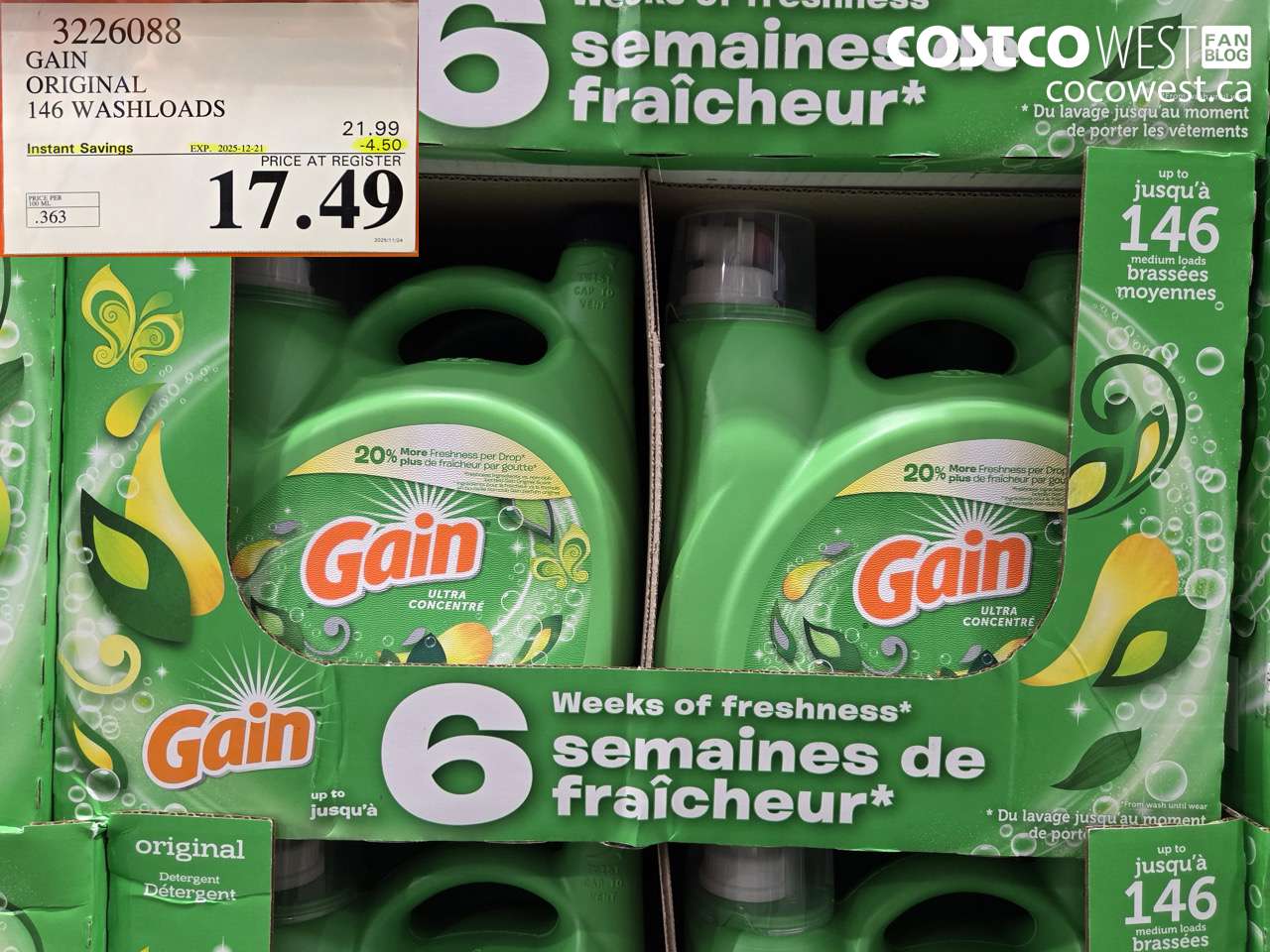 3226088 GAIN HE ULTRA LIQUID DETERGENT 4.82 L 146 WASHLOADS ($4.50 INSTANT SAVINGS EXPIRES ON 2025-12-21) $17.49