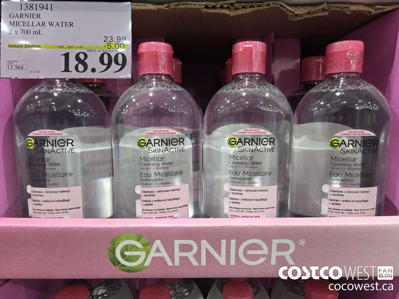 1381941 GARNIER MICELLAR WATER 2 x 700 mL  ($5.00 INSTANT SAVINGS EXPIRES ON 2025-11-09) $18.99