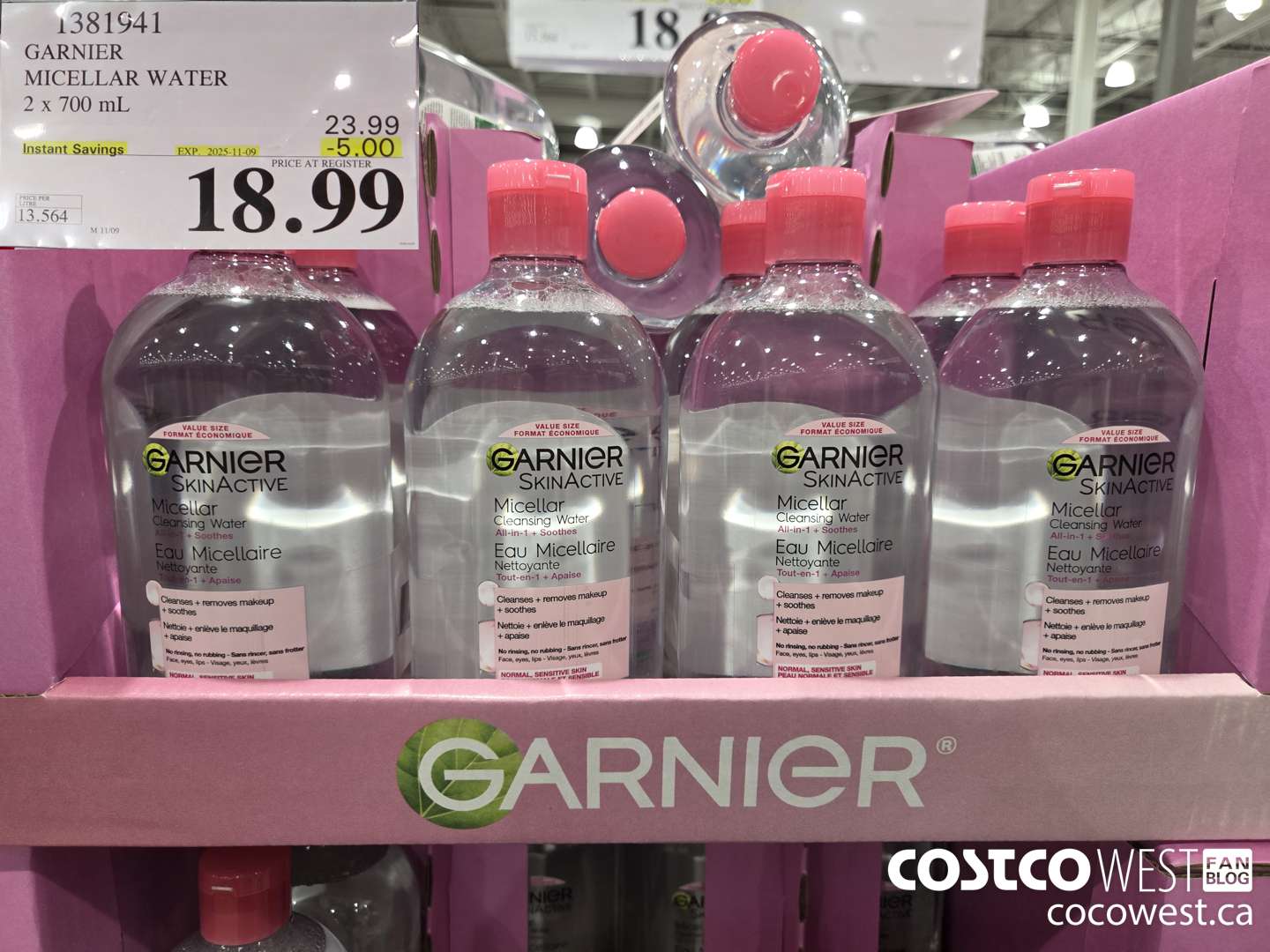 1381941 GARNIER MICELLAR WATER 2 x 700 mL  ($5.00 INSTANT SAVINGS EXPIRES ON 2025-11-09) $18.99