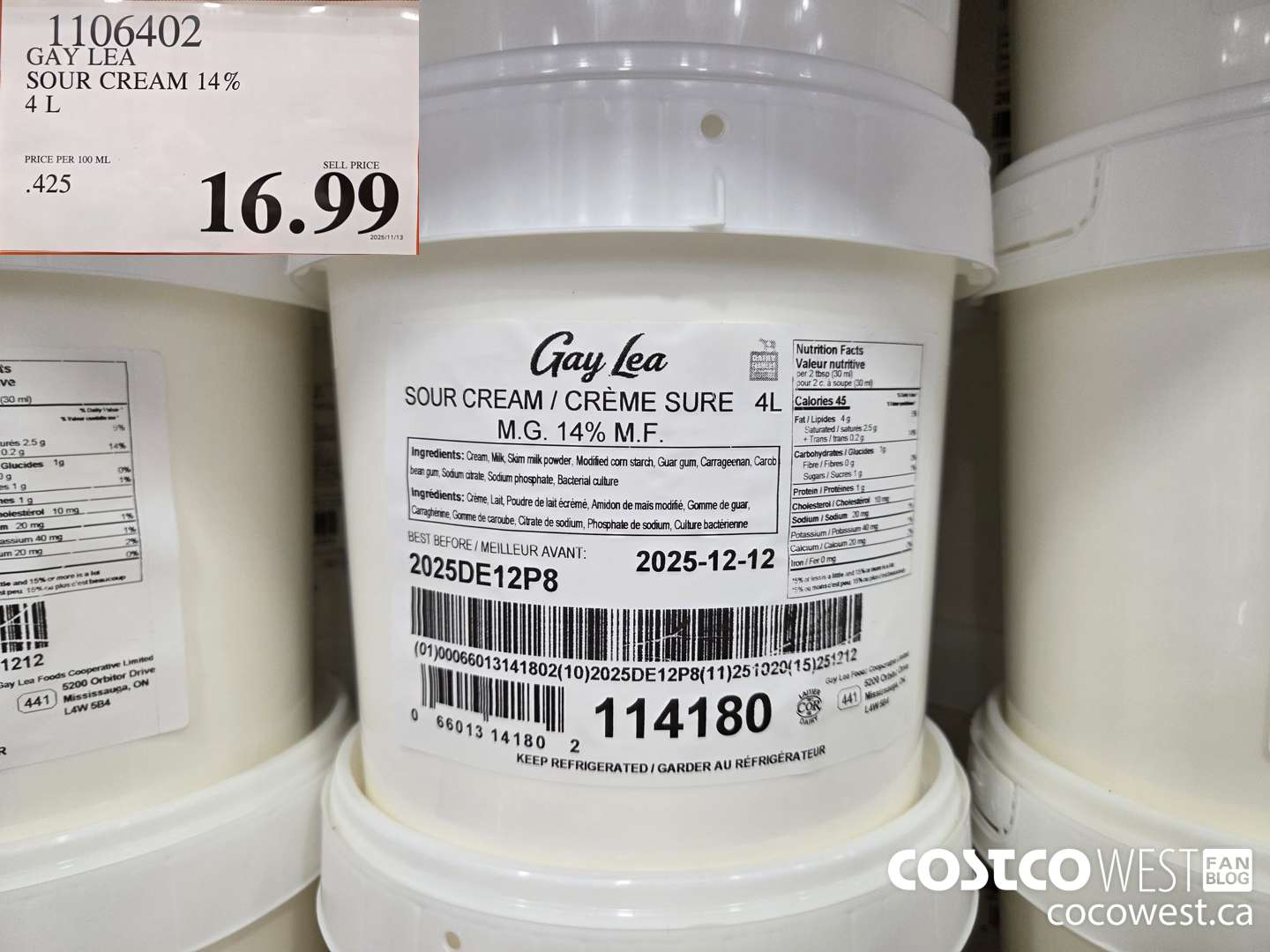 1106402 GAY LEA SOUR CREAM 14% 4L $16.99