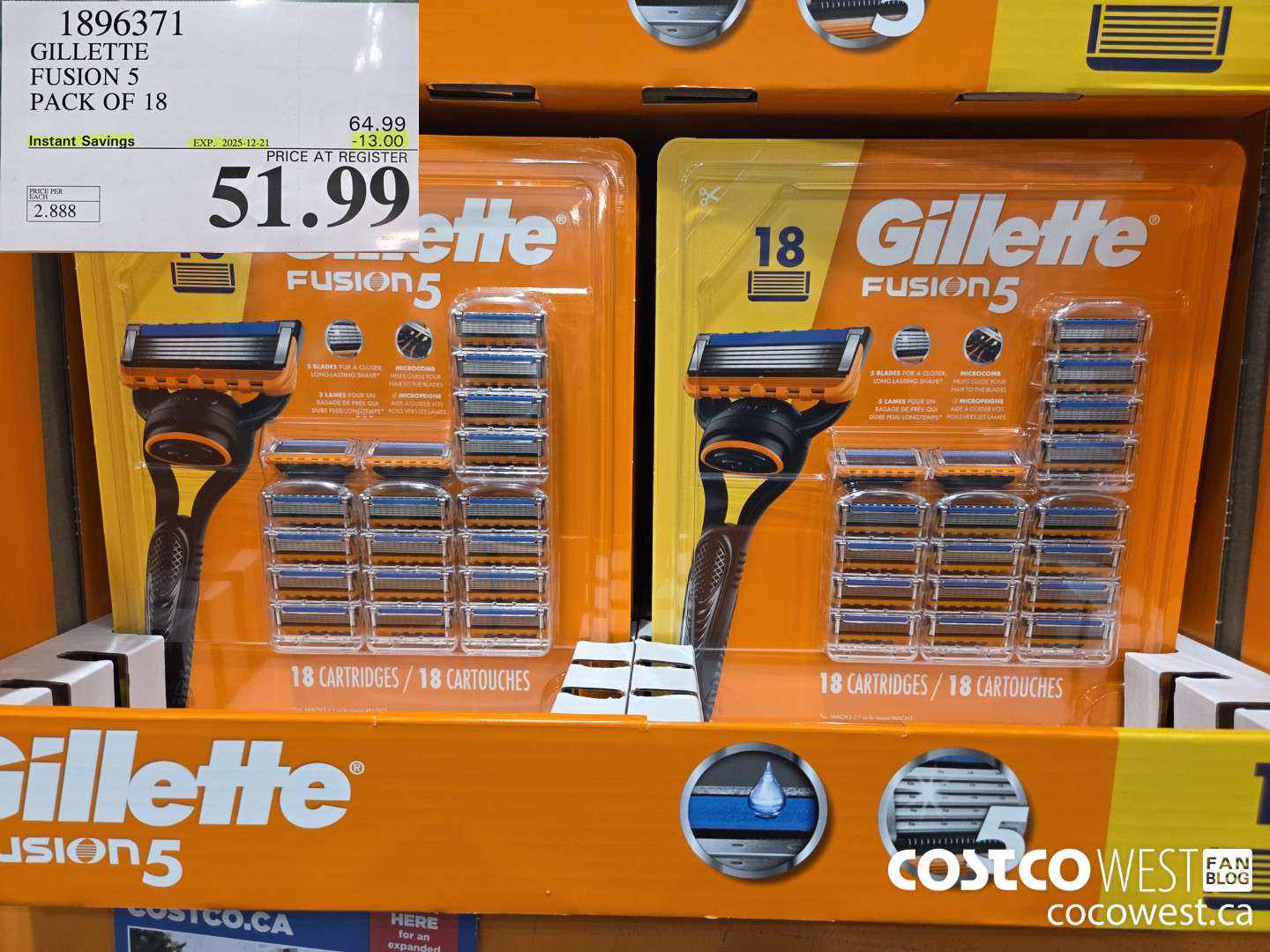 1896371 GILLETTE FUSION 5 PACK OF 18 ($13.00 INSTANT SAVINGS EXPIRES ON 2025-12-21) $51.99