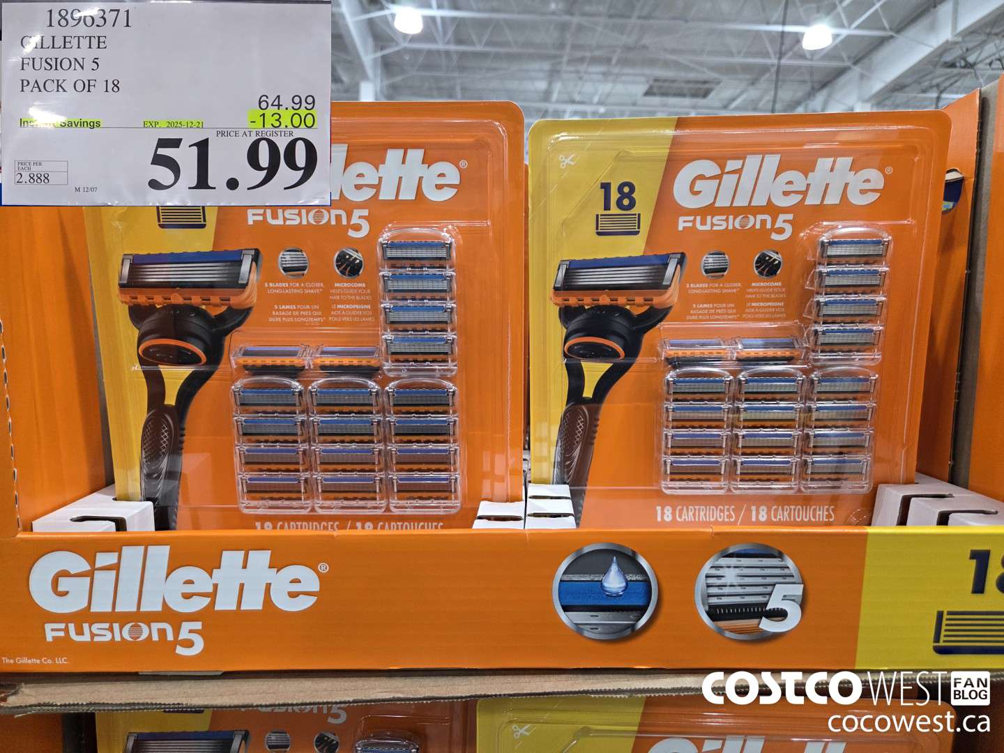 1896371 GILLETTE FUSION 5 PACK OF 18 ($13.00 INSTANT SAVINGS EXPIRES ON 2025-12-21) $51.99