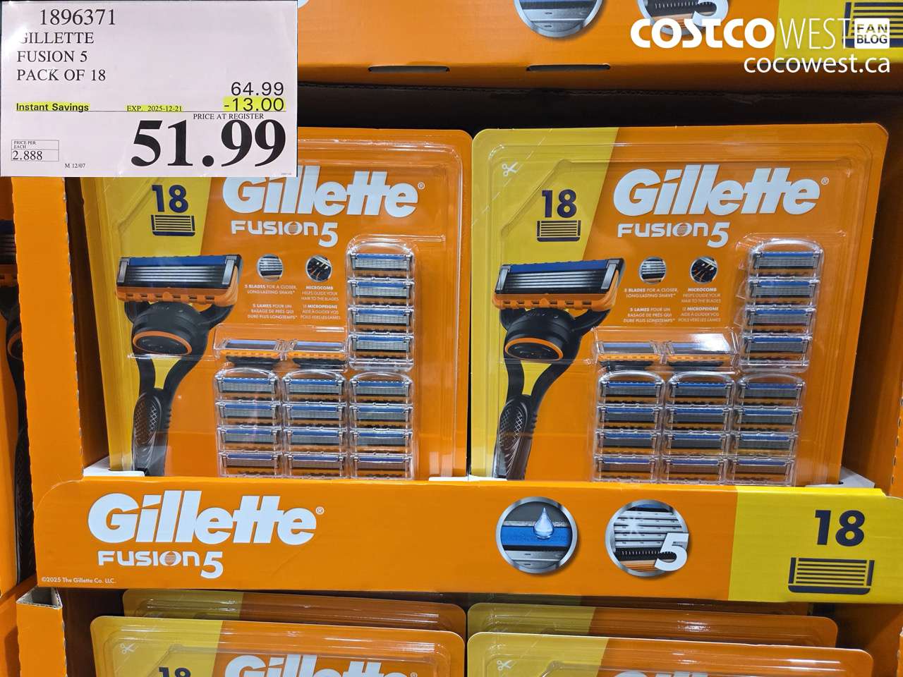 1896371 GILLETTE FUSION 5 PACK OF 18 ($13.00 INSTANT SAVINGS EXPIRES ON 2025-12-21) $51.99