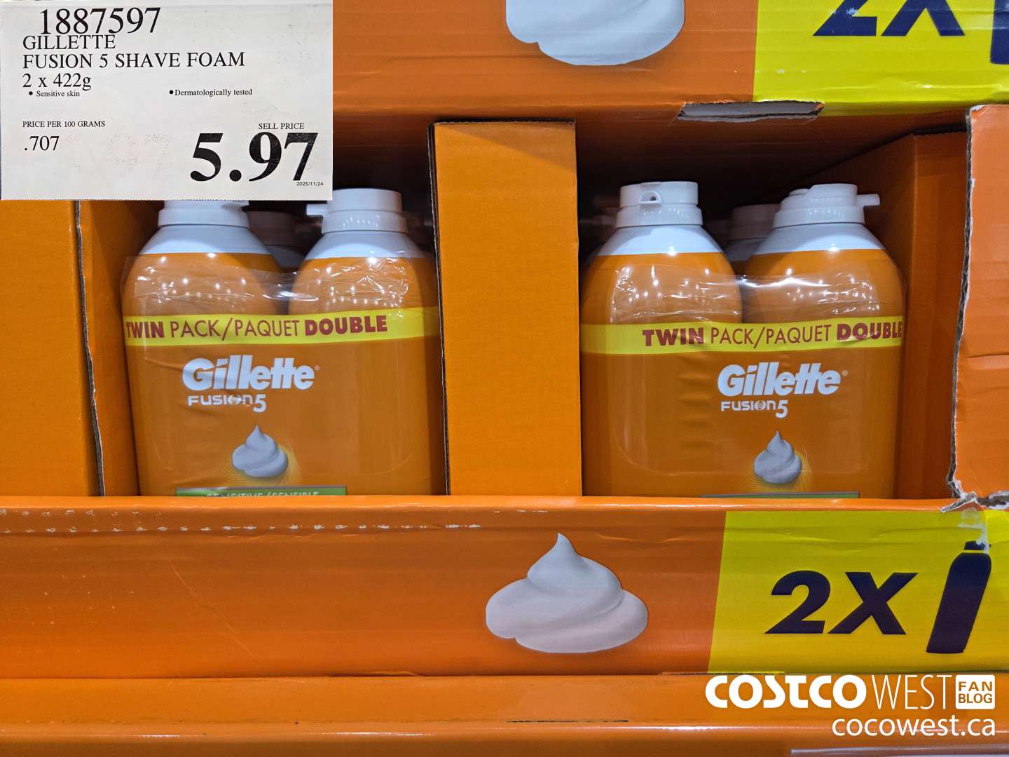 1887597 GILLETTE FUSION 5 SHAVE FOAM 2 X 422G $5.97