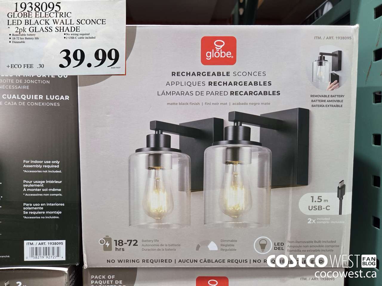 1938095 GLOBE ELECTRIC LED BLACK WALL SCONCE 2PK GLASS SHADE $39.99