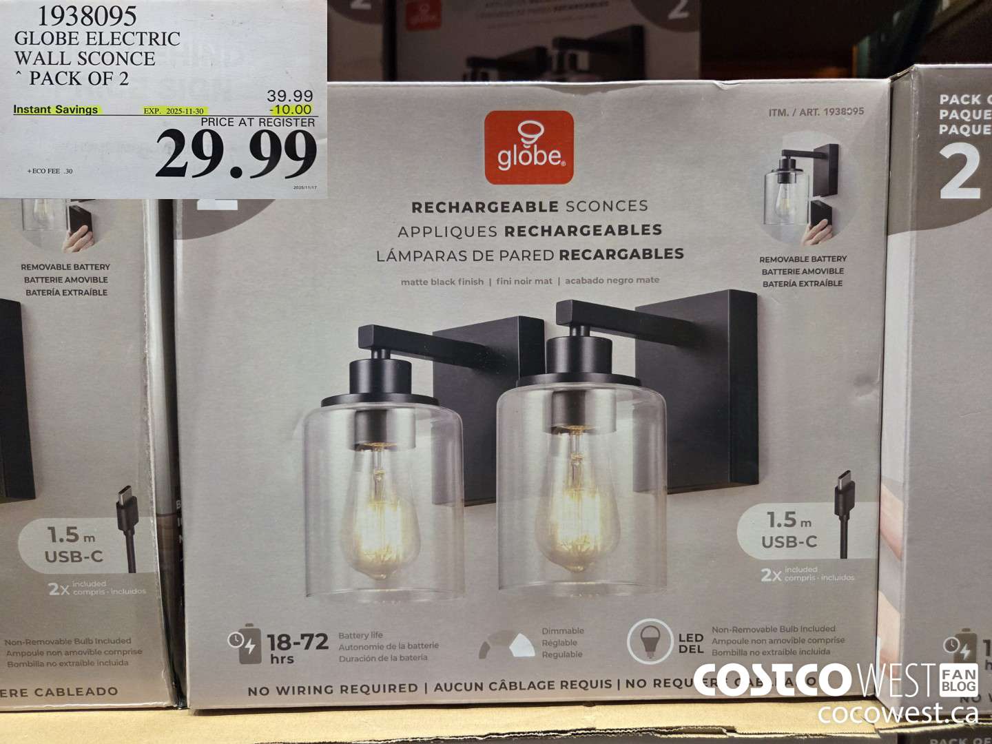 1938095 GLOBE ELECTRIC LED BLACK WALL SCONCE 2PK GLASS SHADE ($10.00 INSTANT SAVINGS EXPIRES ON 2025-11-30) $29.99