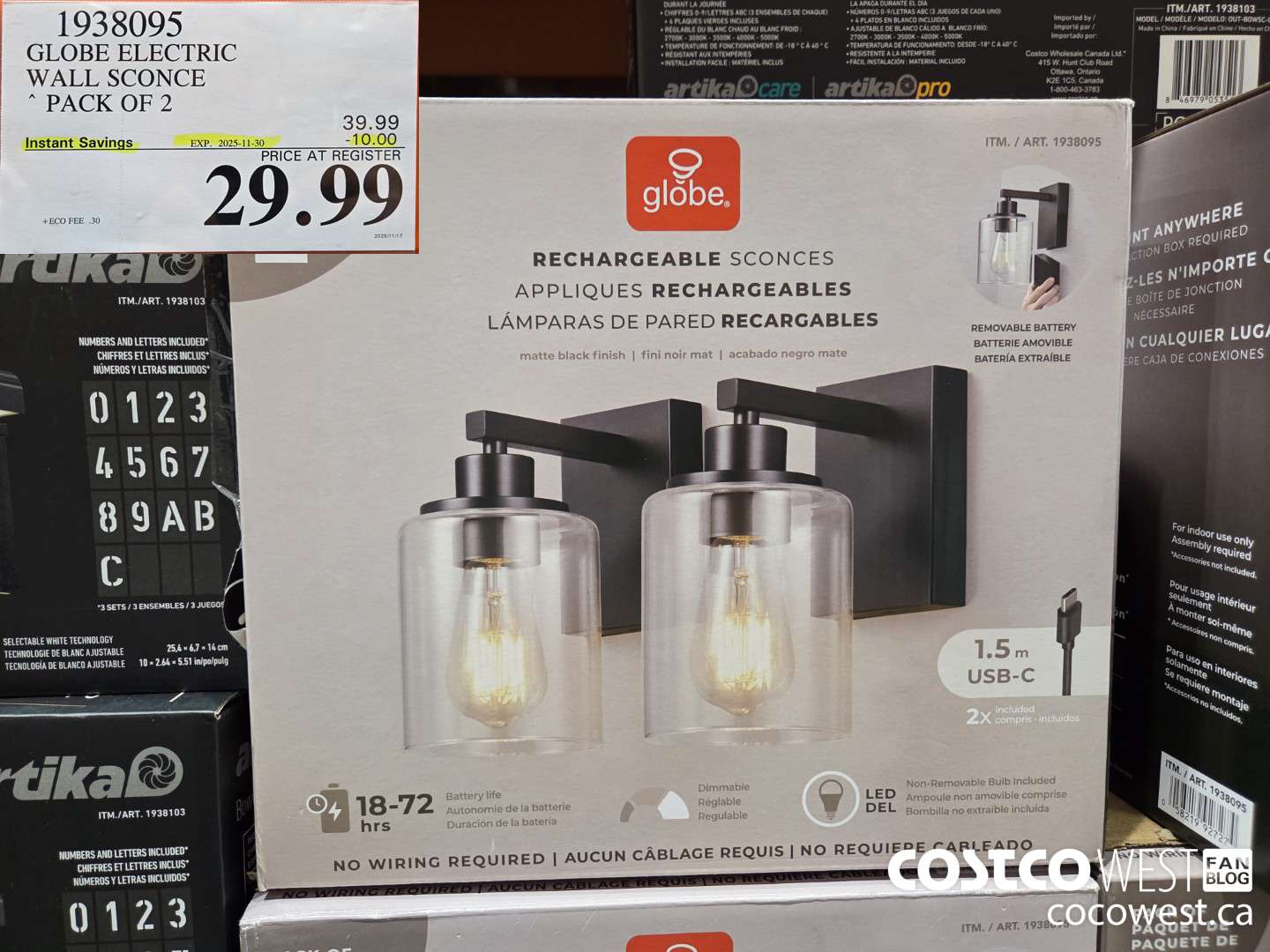 1938095 GLOBE ELECTRIC LED BLACK WALL SCONCE 2PK GLASS SHADE ($10.00 INSTANT SAVINGS EXPIRES ON 2025-11-30) $29.99