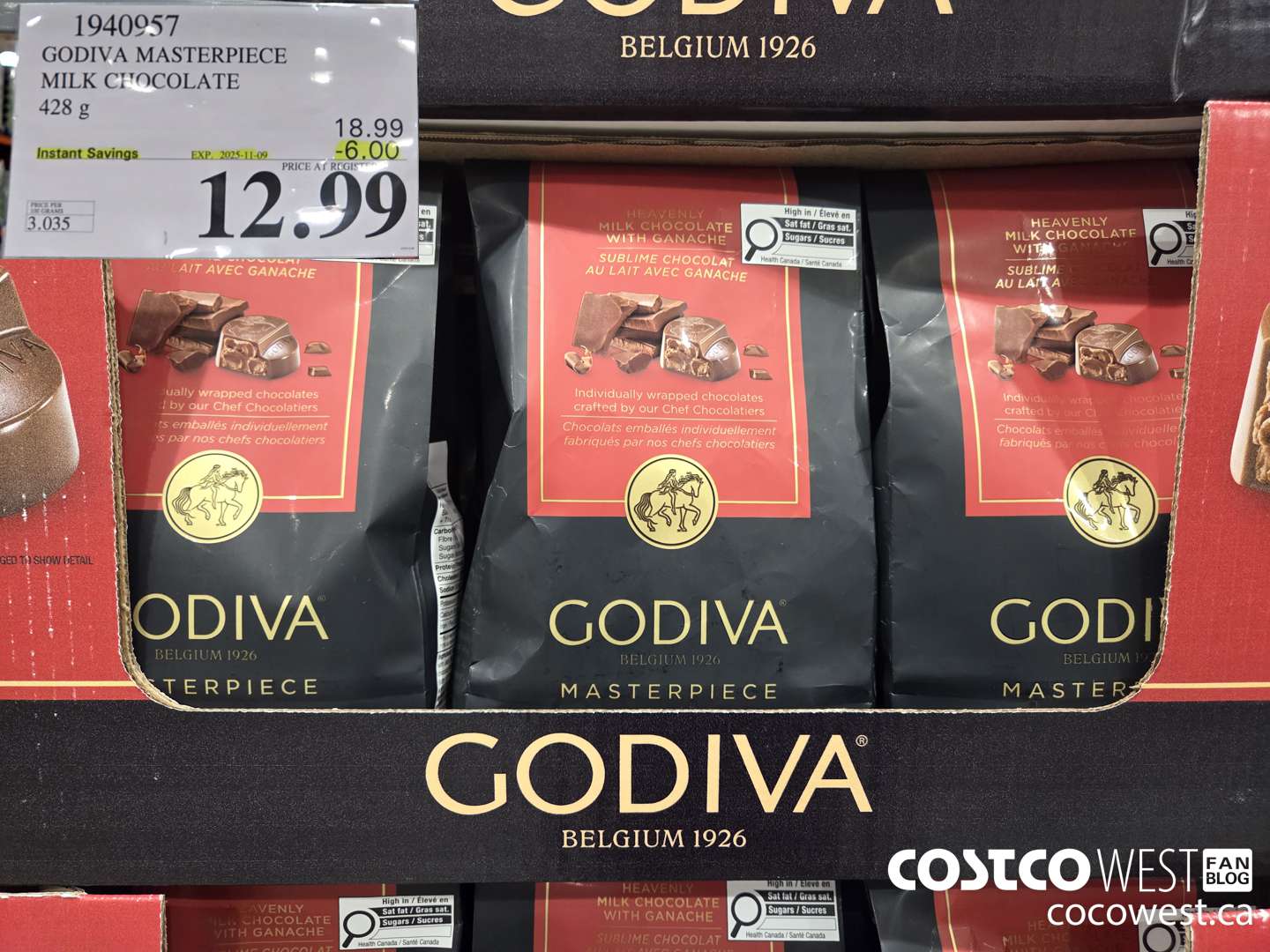 1940957 GODIVA MASTERPIECE MILK CHOCOLATE 428G ($6.00 INSTANT SAVINGS EXPIRES ON 2025-11-09) $12.99