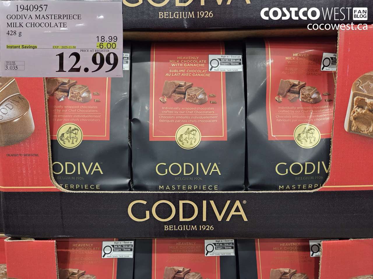 1940957 GODIVA MASTERPIECE MILK CHOCOLATE 428G ($6.00 INSTANT SAVINGS EXPIRES ON 2025-11-30) $12.99