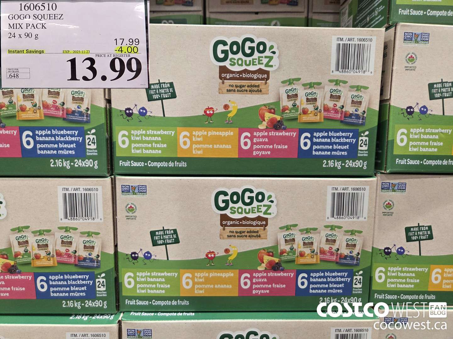 1606510 GOGO SQUEEZ ORGANIC MIX PACK 24 X 90 G ($4.00 INSTANT SAVINGS EXPIRES ON 2025-11-23) $13.99