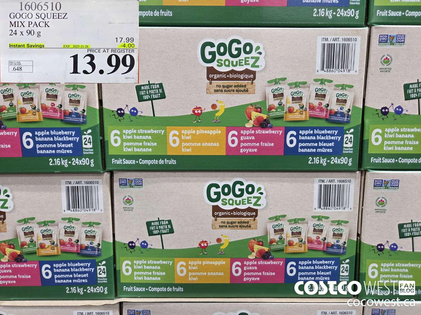 1606510 GOGO SQUEEZ ORGANIC MIX PACK 24 X 90 G ($4.00 INSTANT SAVINGS EXPIRES ON 2025-11-26) $13.99