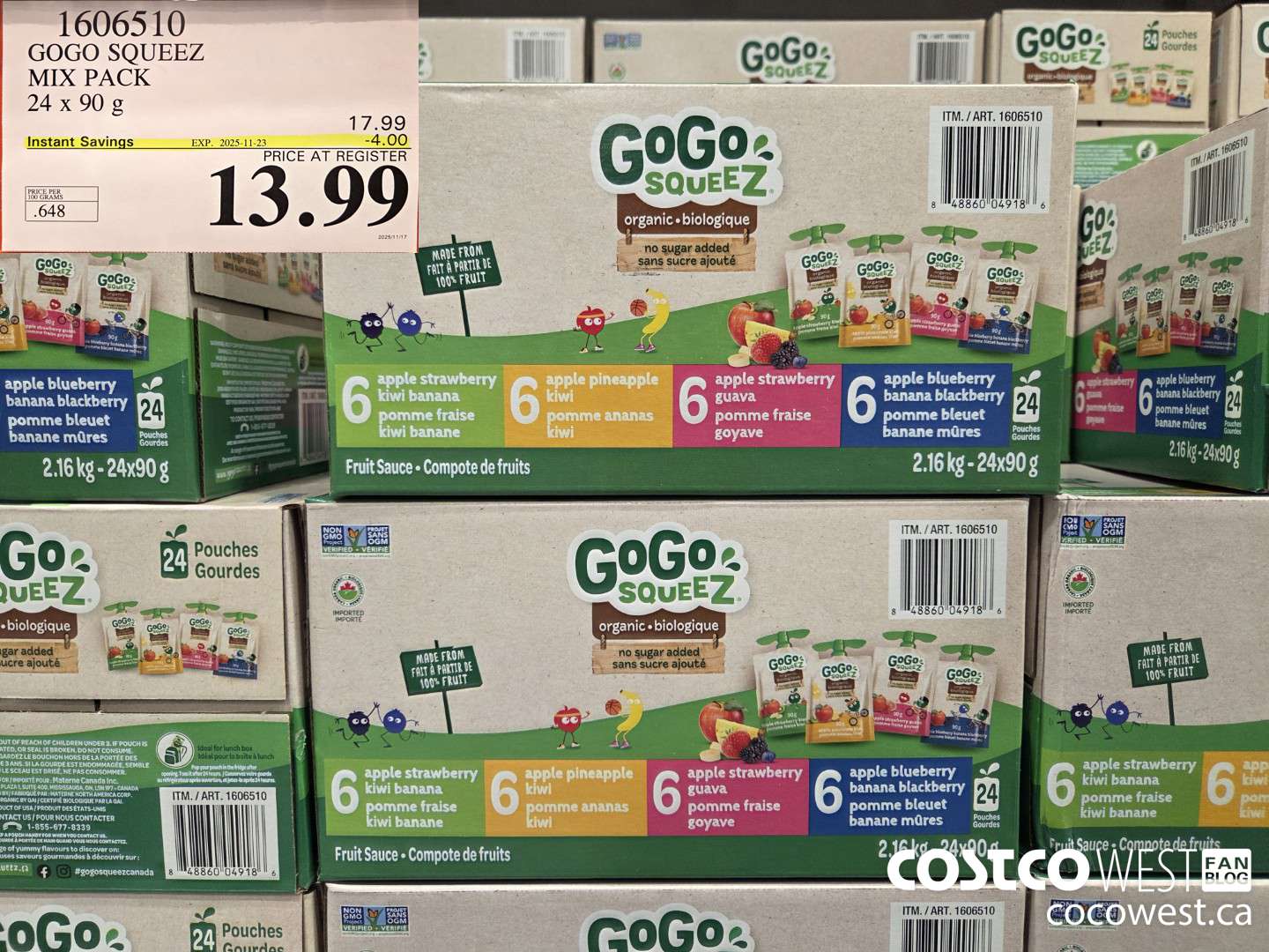 1606510 GOGO SQUEEZ ORGANIC MIX PACK 24 X 90 G ($4.00 INSTANT SAVINGS EXPIRES ON 2025-11-23) $13.99