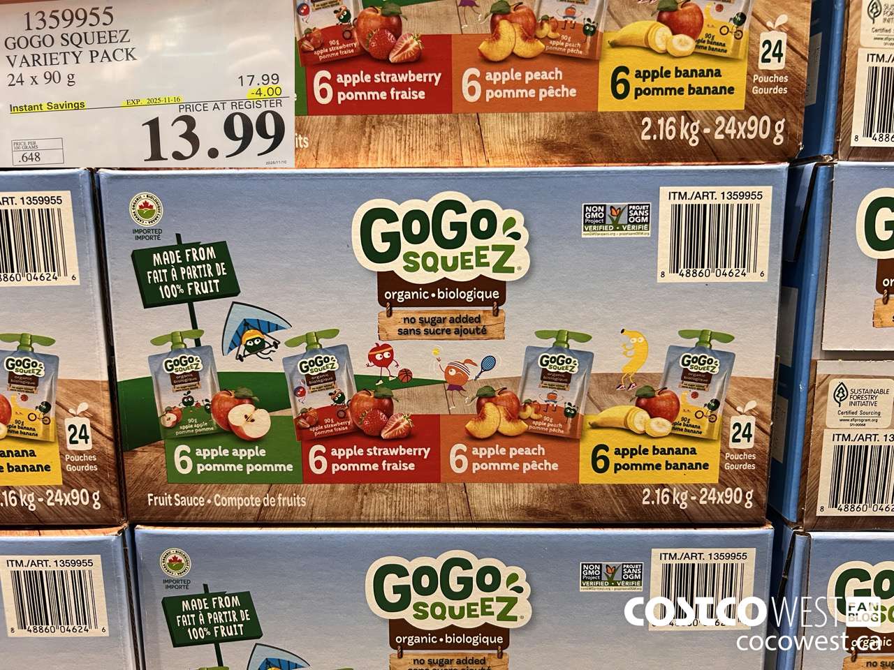 1359955 GOGO SQUEEZ ORGANIC VARIETY PACK 24 x 90g ($4.00 INSTANT SAVINGS EXPIRES ON 2025-11-16) $13.99
