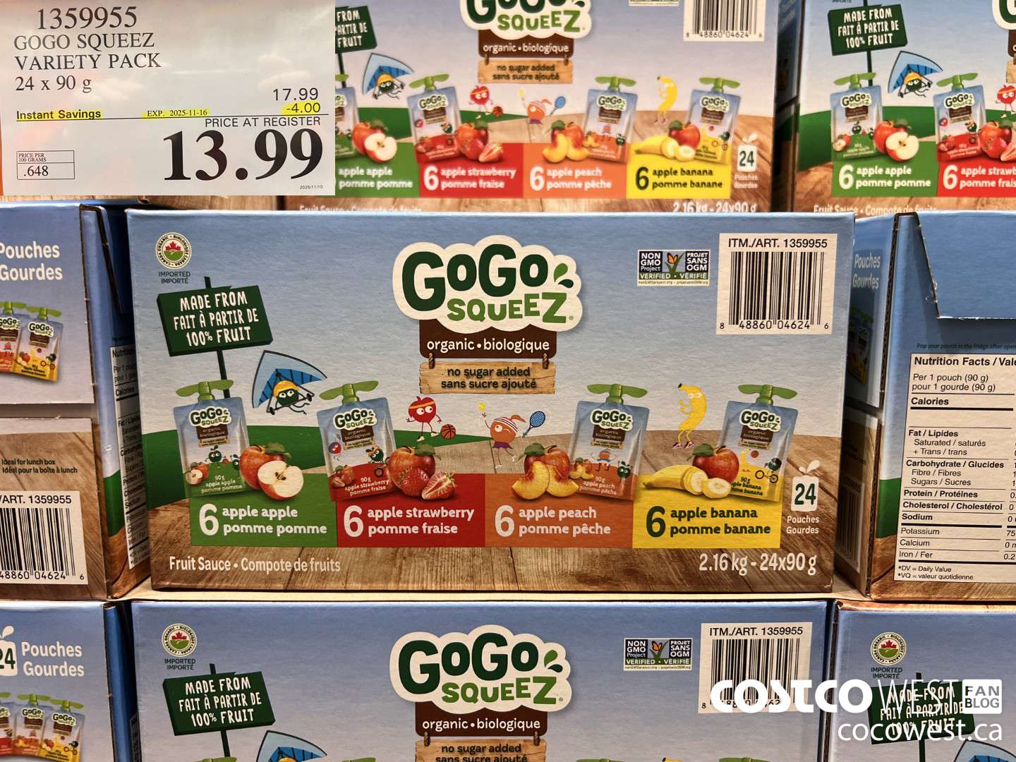 1359955 GOGO SQUEEZ ORGANIC VARIETY PACK 24 x 90g ($4.00 INSTANT SAVINGS EXPIRES ON 2025-11-16) $13.99