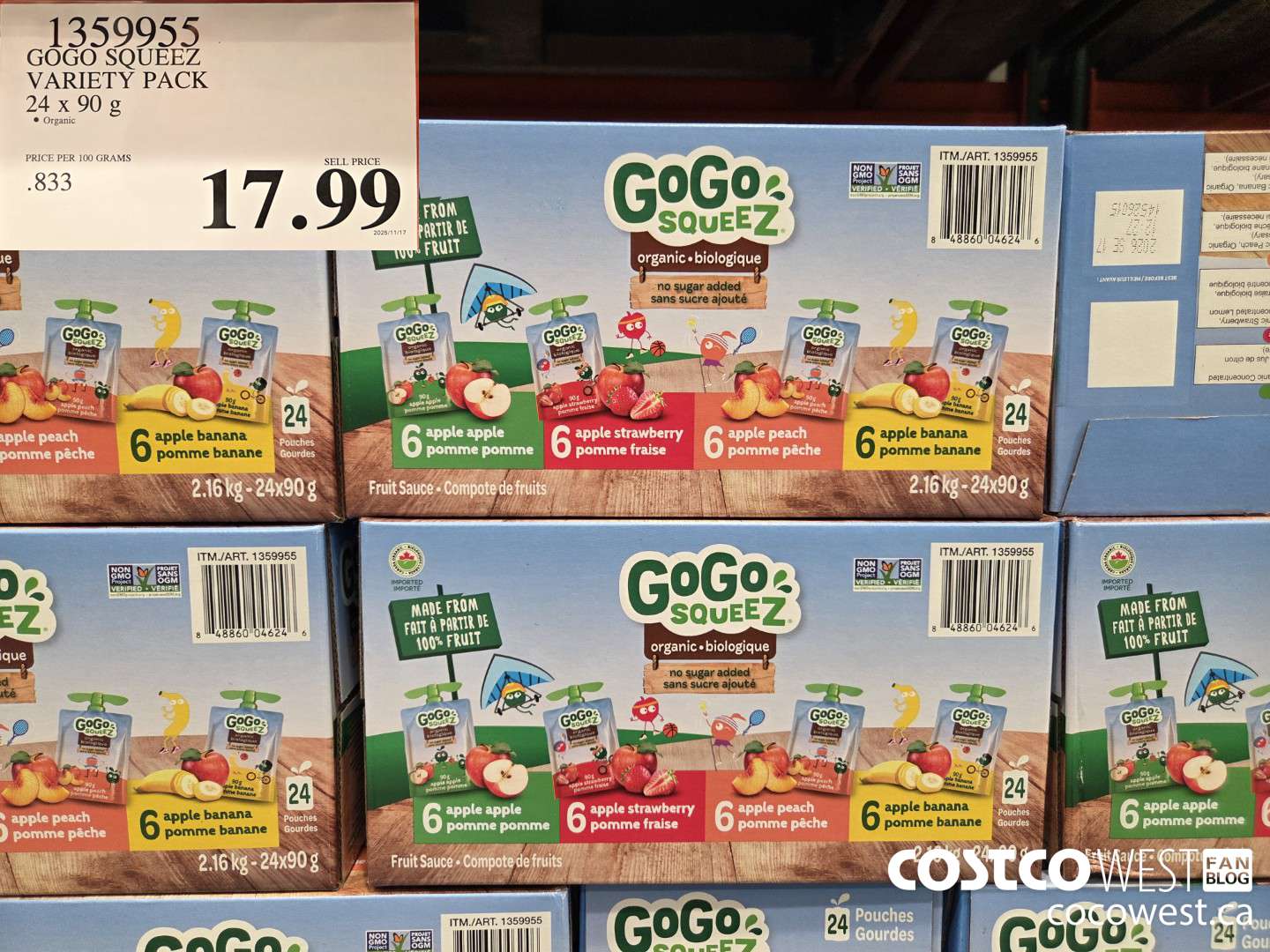 1359955 GOGO SQUEEZ VARIETY PACK 24 x 90 g $17.99
