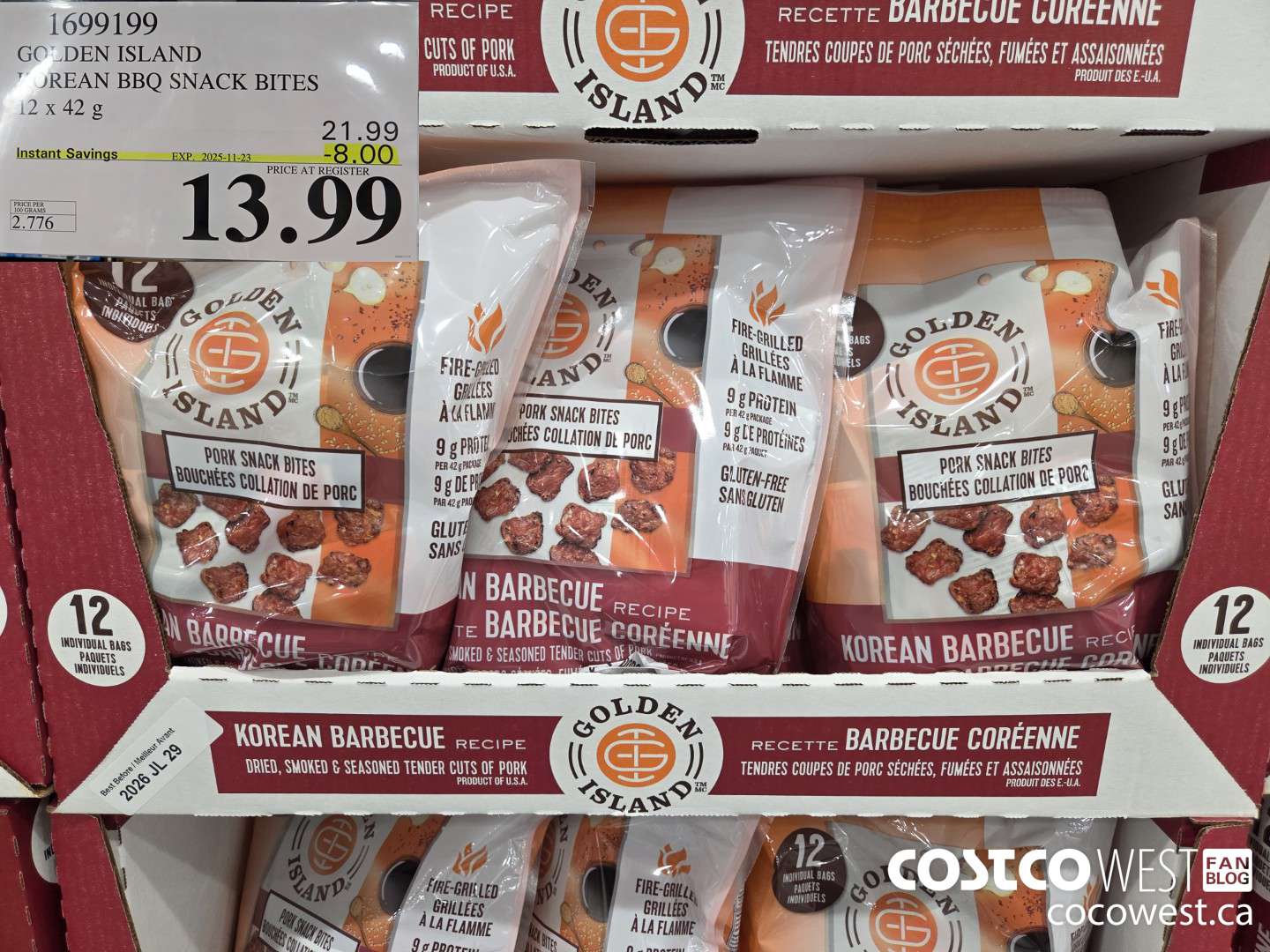 1699199 GOLDEN ISLAND KOREAN BBQ SNACK BITES 12 X 42 G ($8.00 INSTANT SAVINGS EXPIRES ON 2025-11-23) $13.99