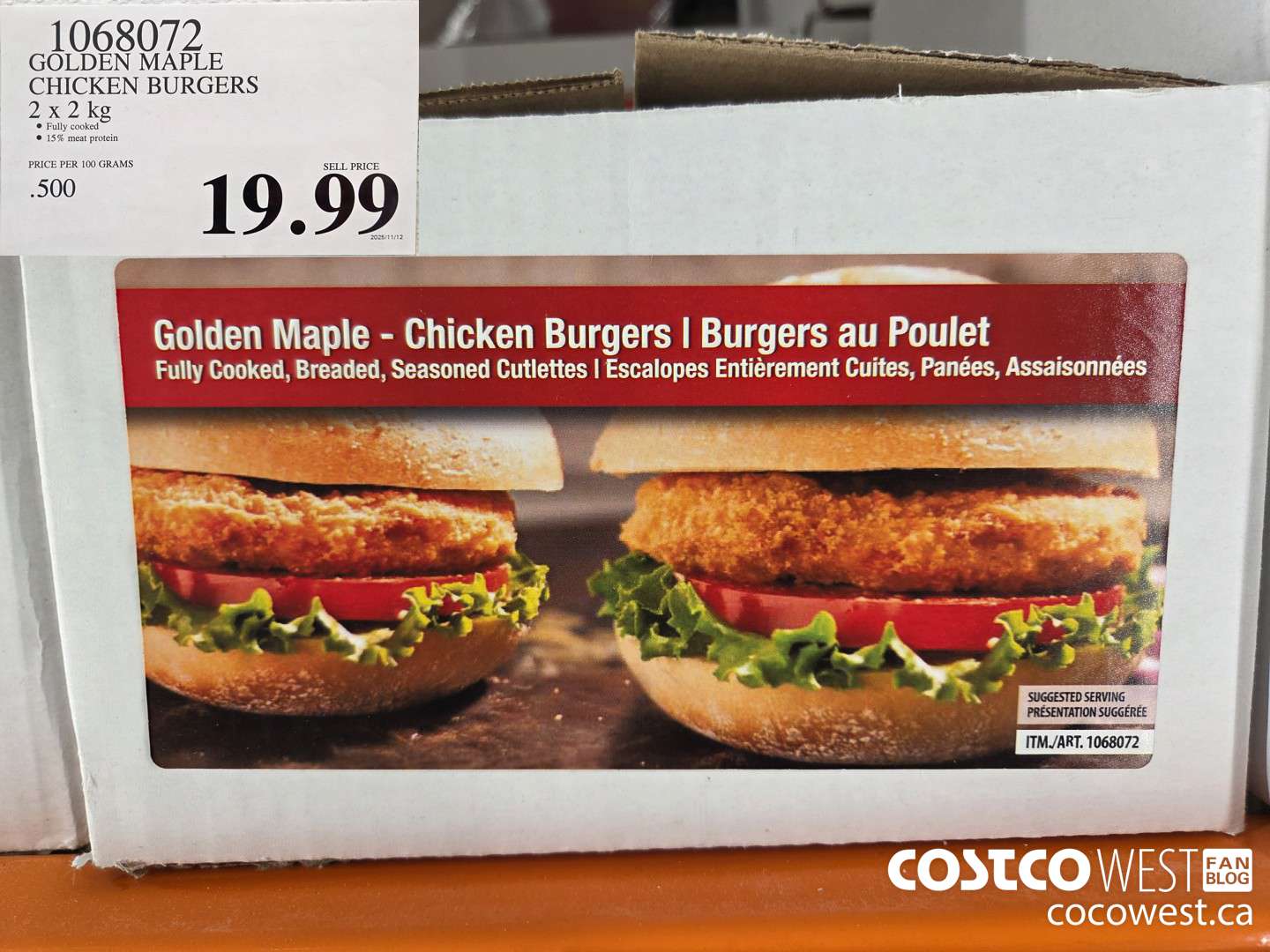 1068072 GOLDEN MAPLE CHICKEN BURGERS 2 x 2 kg $19.99