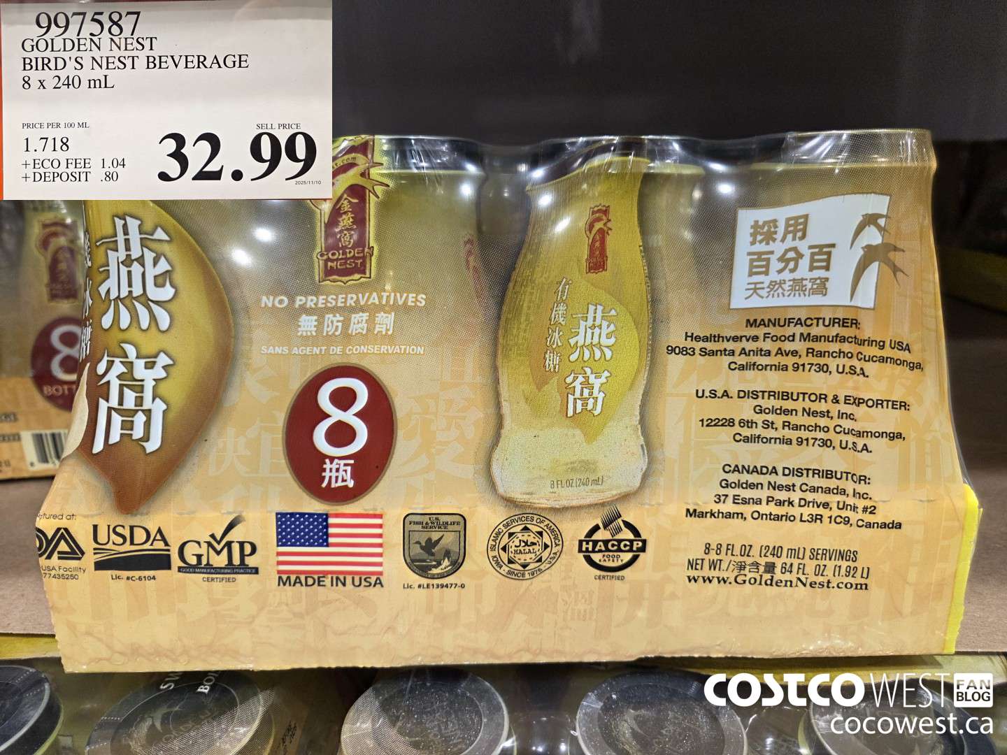 997587 GOLDEN NEST BIRD'S NEST BEVERAGE 8 x 240 mL $32.99