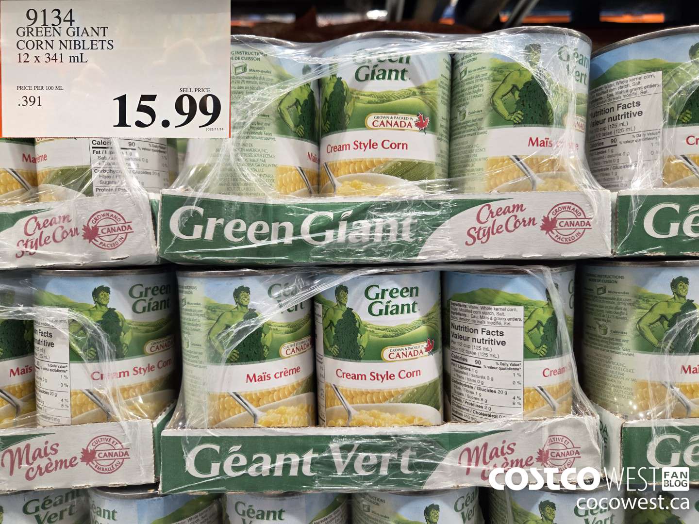 9134 GREEN GIANT CORN NIBLETS 12 x 341 mL $15.99