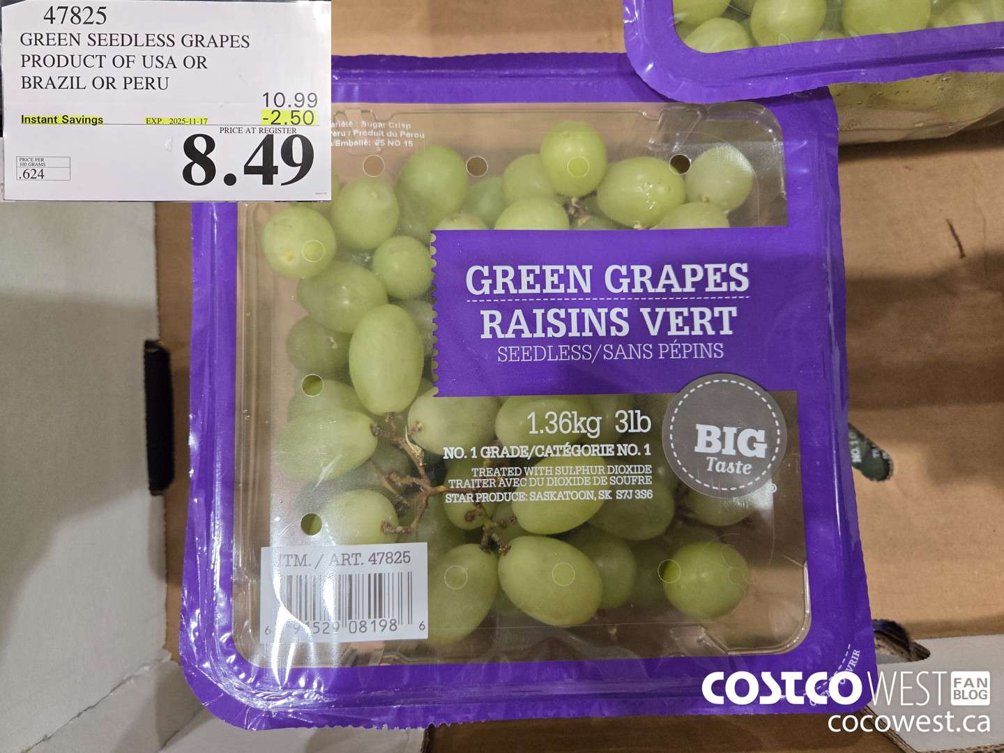 47825 GREEN SEEDLESS GRAPES PRODUCT OF BRAZIL ($2.50 INSTANT SAVINGS EXPIRES ON 2025-11-17) $8.49