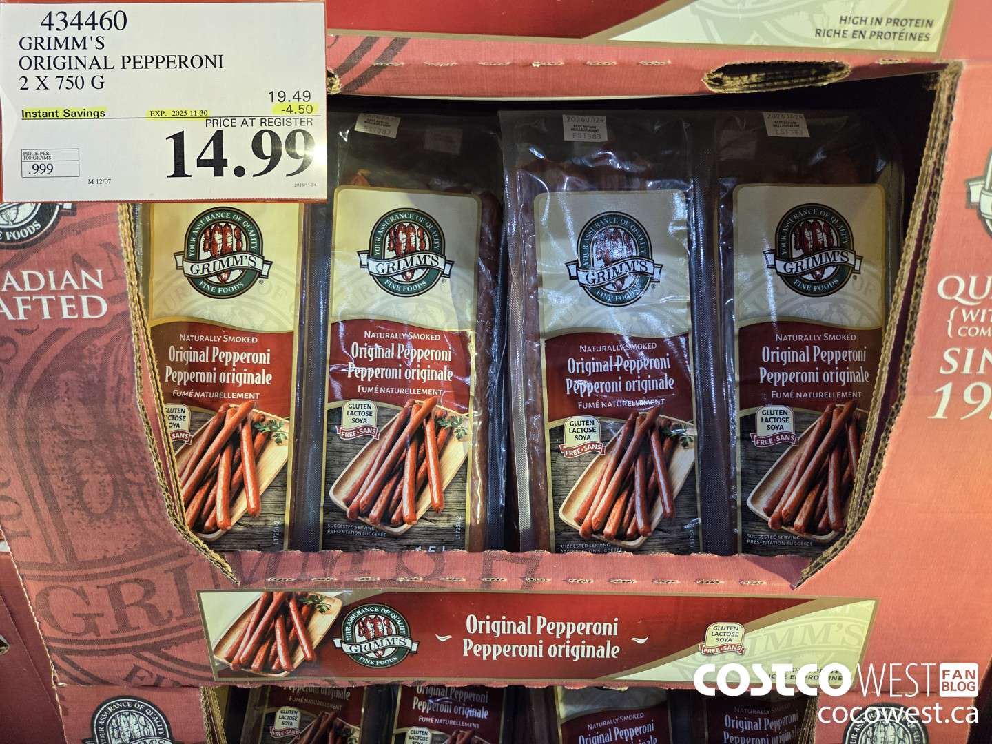 434460 GRIMM'S NATURAL FRESH PEPPERONI 2 x 750 g ($4.50 INSTANT SAVINGS EXPIRES ON 2025-11-30) $14.99