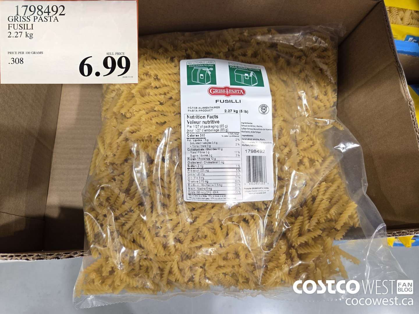 1798492 GRISS PASTA FUSILI 2.27 kg $6.99