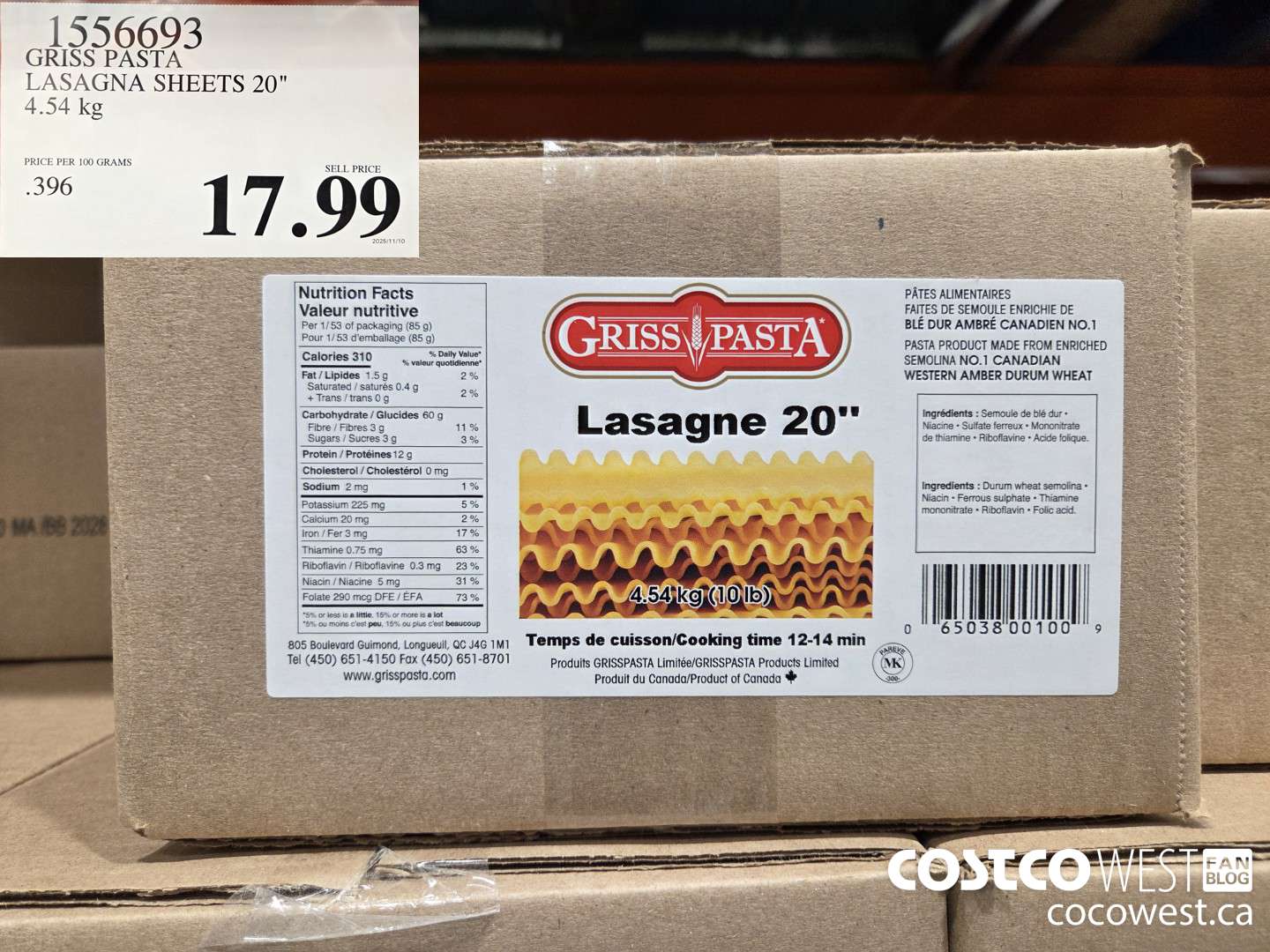 1556693 GRISS PASTA LASAGNA SHEETS 20
