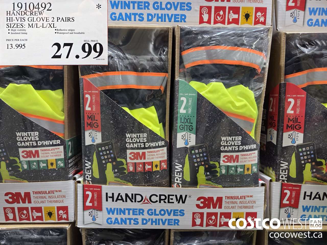 1910492 HANDCREW HI-VIS GLOVE 2 PAIRS SIZES M/L-L/XL $27.99