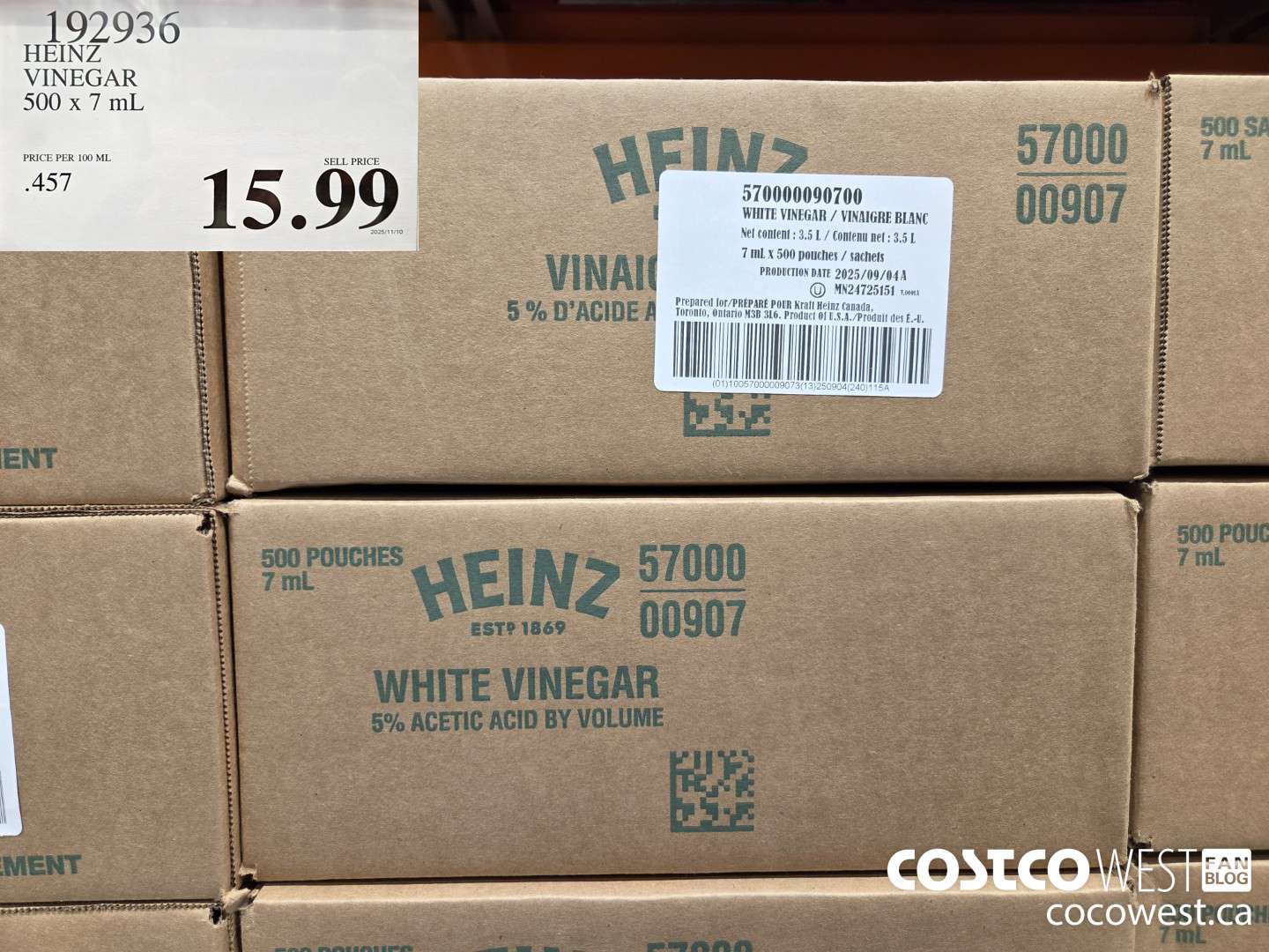 192936 HEINZ VINEGAR 500 x 7 mL $15.99