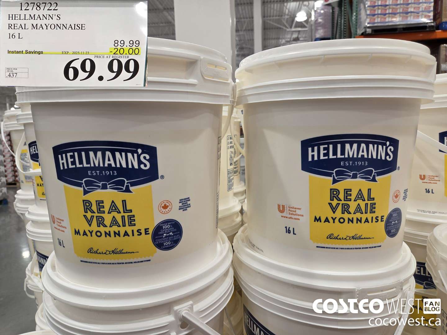 1278722 HELLMANN'S REAL MAYONNAISE 16 L ($20.00 INSTANT SAVINGS EXPIRES ON 2025-11-23) $69.99